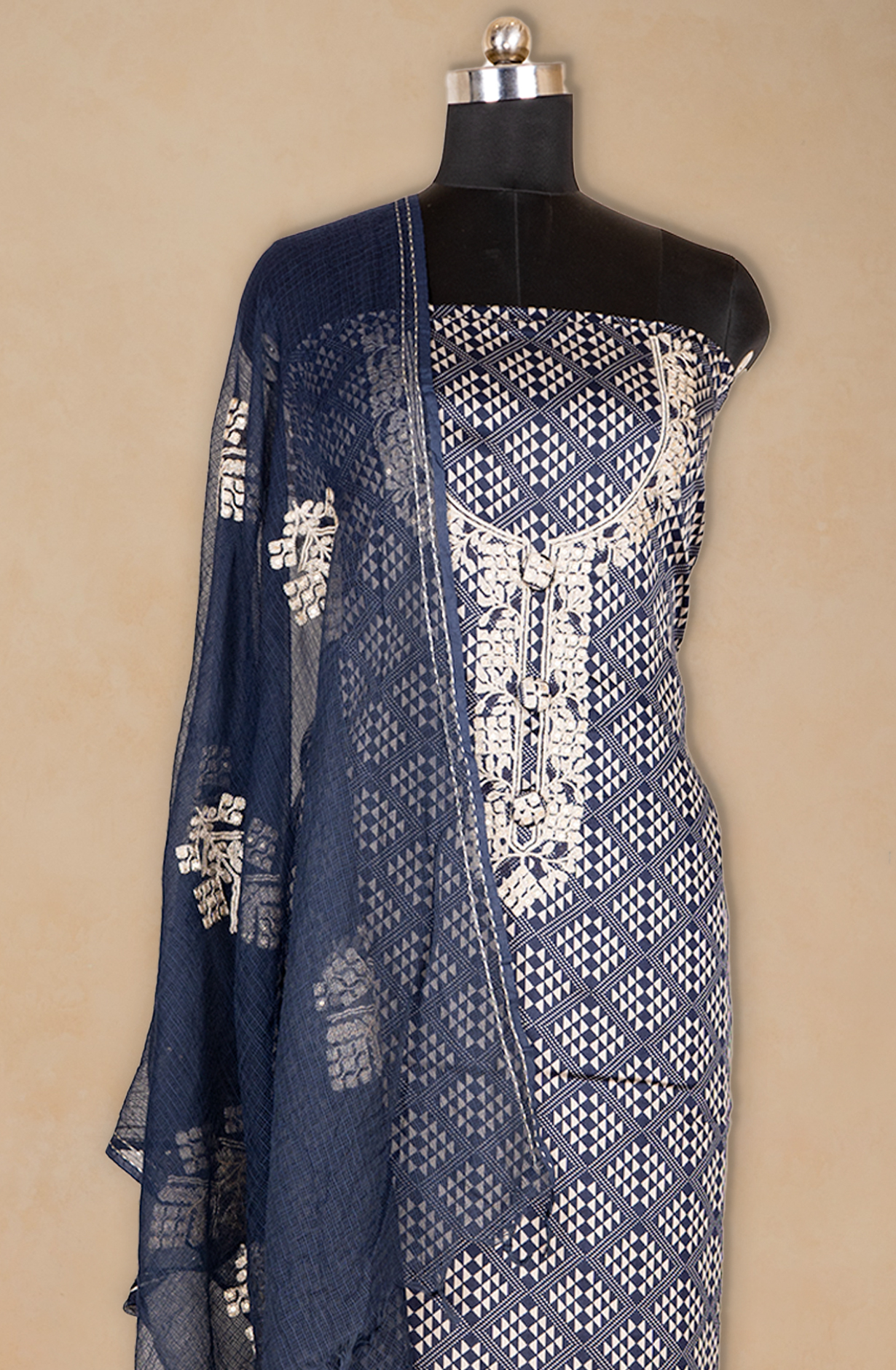 Blue Printed Silk Suit Set with Kota Dupatta - 131-KE3781