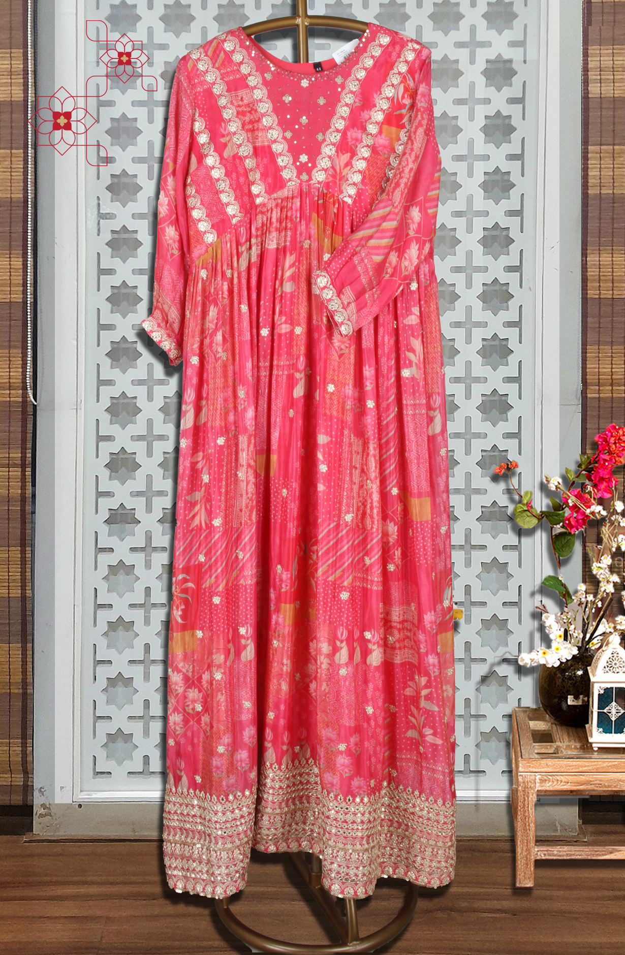 Pink Floral Printed Chinon Zari and Sequins Work Floor Length Anarkali Gown - 131-MT1004