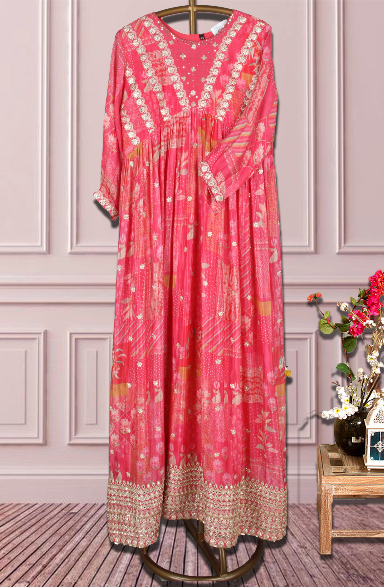 Pink Floral Printed Chinon Zari and Sequins Work Floor Length Anarkali Gown - 131-MT1004