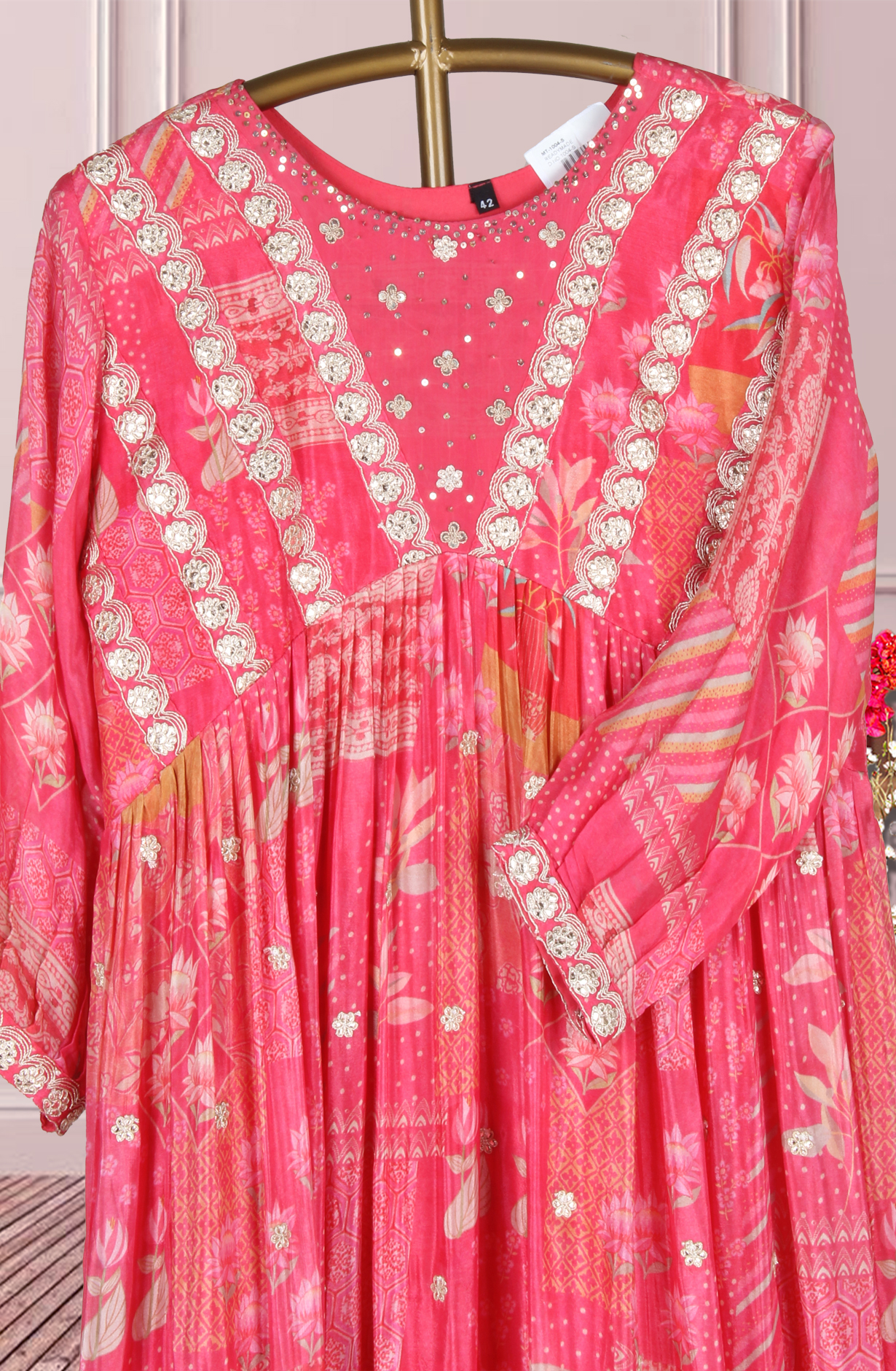 Pink Floral Printed Chinon Zari and Sequins Work Floor Length Anarkali Gown - 131-MT1004