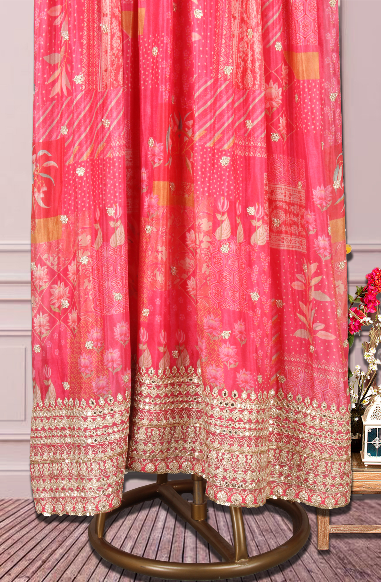 Pink Floral Printed Chinon Zari and Sequins Work Floor Length Anarkali Gown - 131-MT1004