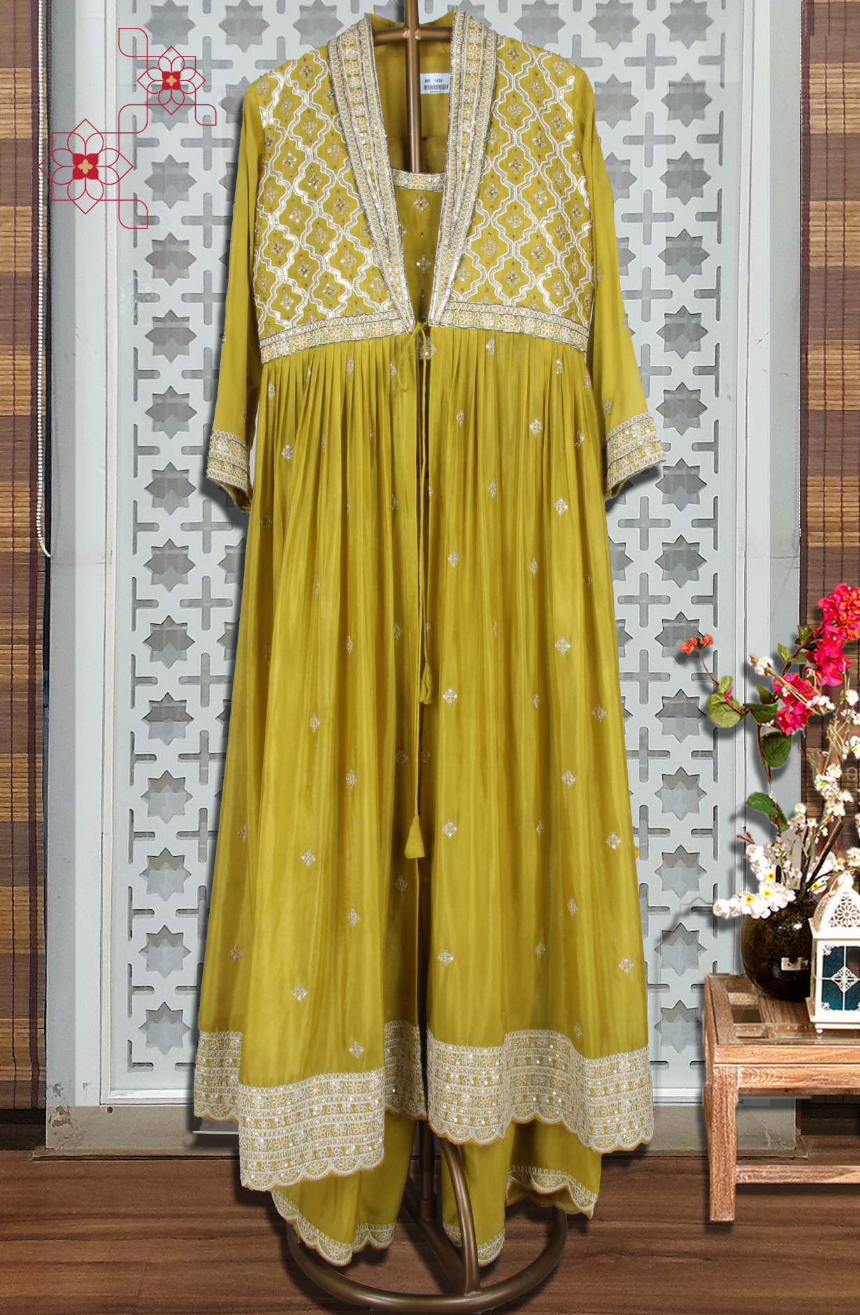 Mehndi Green Ready-to-Wear Chinon Jacket Style Palazzo Style Suit - 131-MT1499