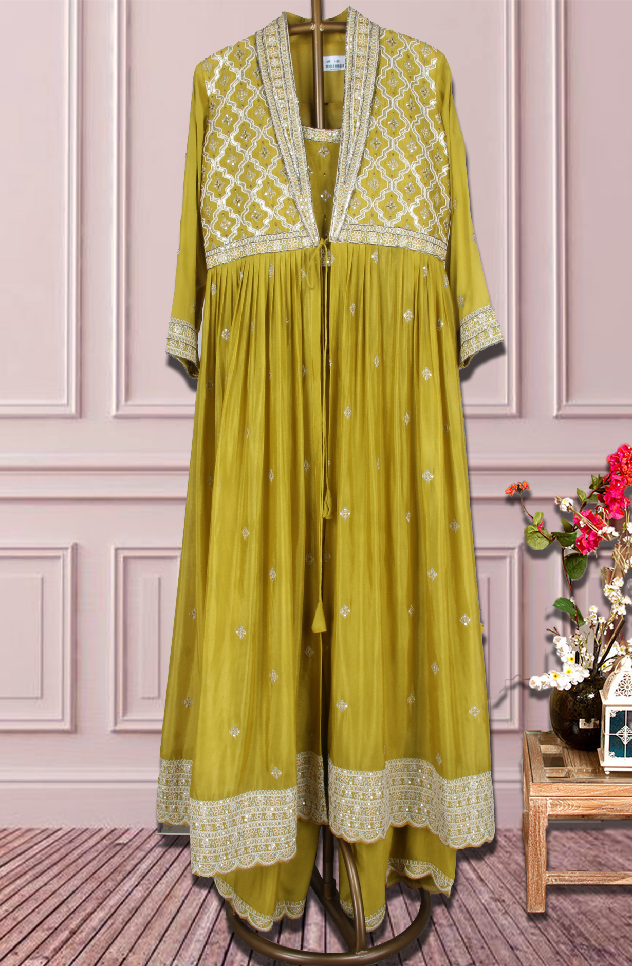 Mehndi Green Ready-to-Wear Chinon Jacket Style Palazzo Style Suit - 131-MT1499