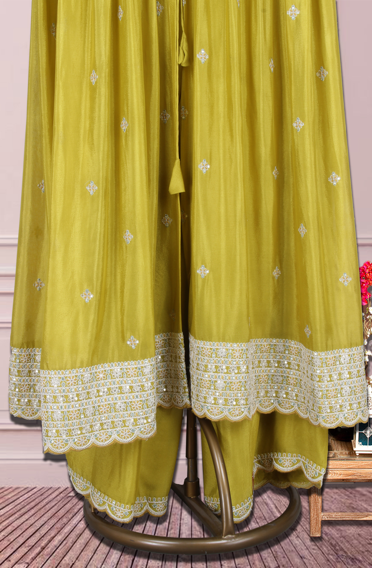 Mehndi Green Ready-to-Wear Chinon Jacket Style Palazzo Style Suit - 131-MT1499