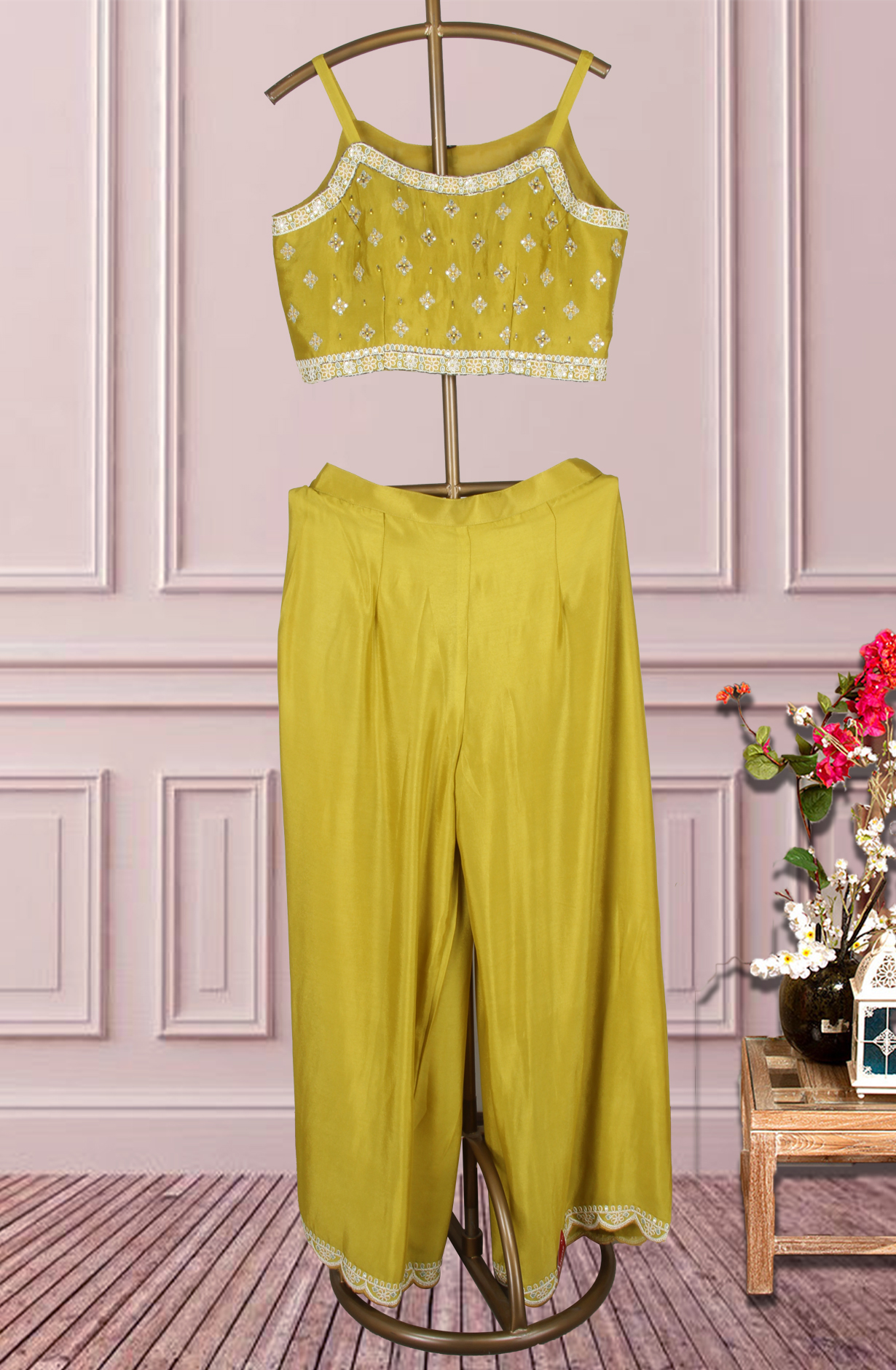 Mehndi Green Ready-to-Wear Chinon Jacket Style Palazzo Style Suit - 131-MT1499