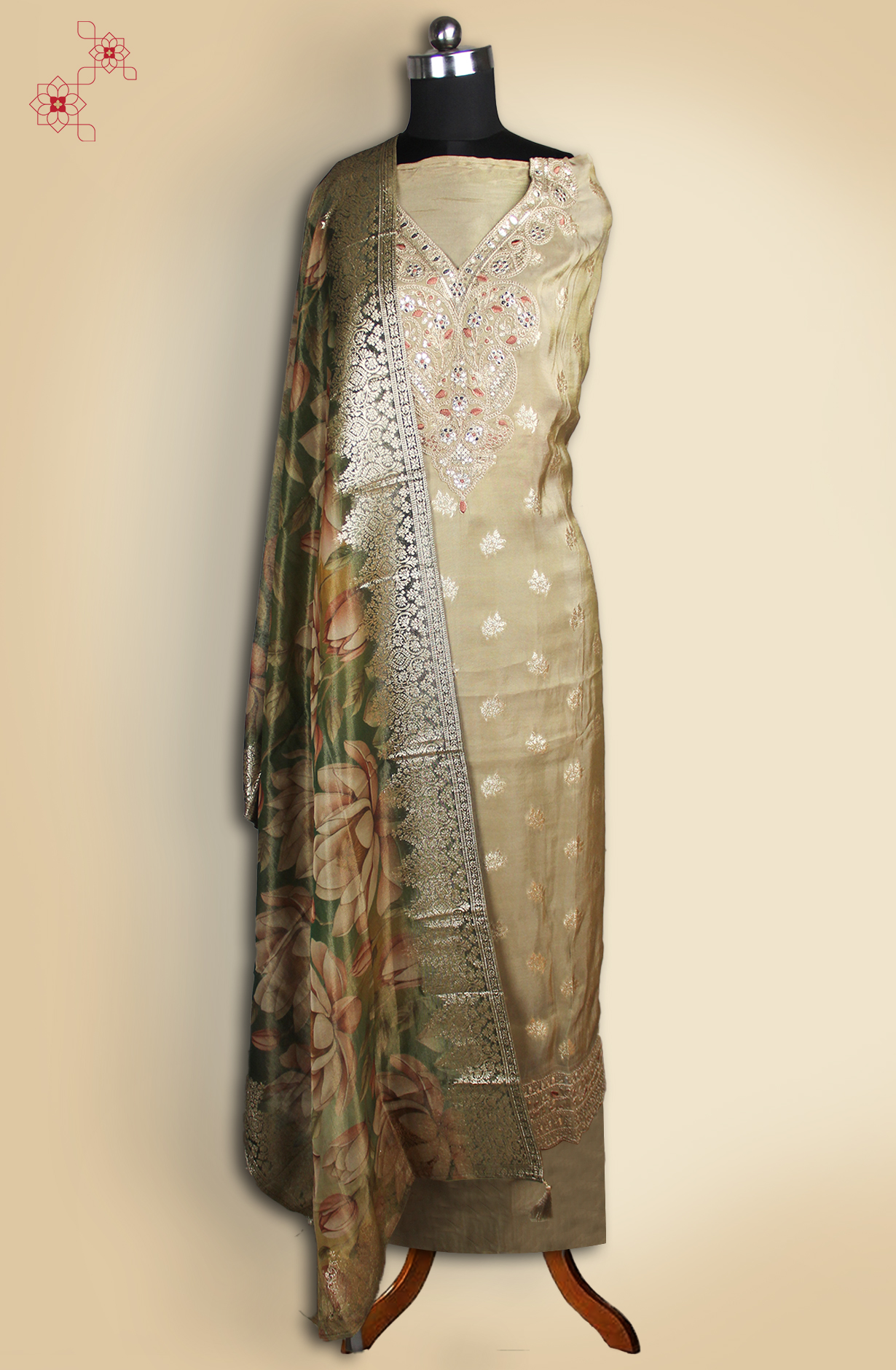 Beige Silk Zari and Gota Patti work Suit Set with Dupatta- 131-MT1591