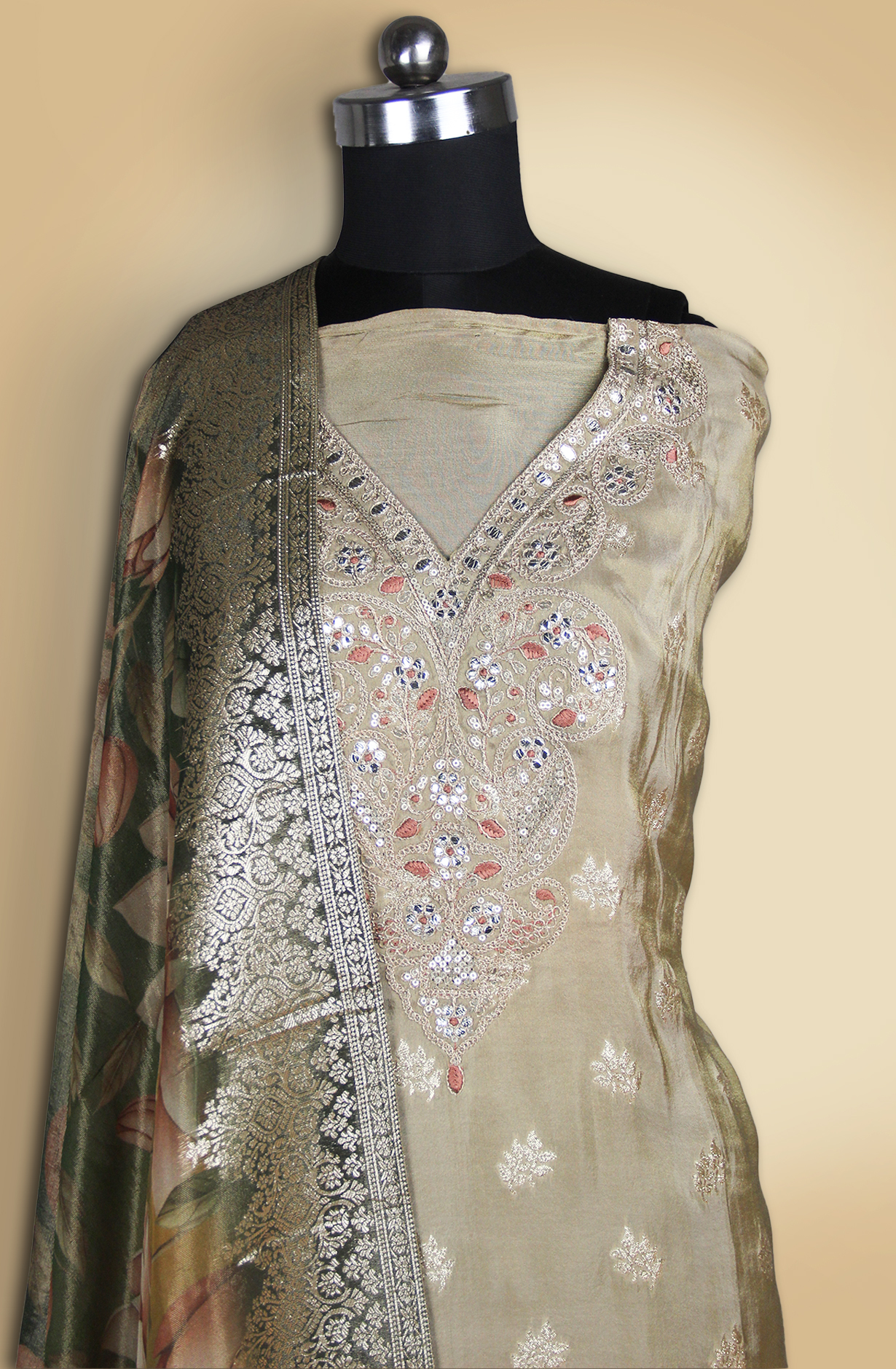 Beige Silk Zari and Gota Patti work Suit Set with Dupatta- 131-MT1591