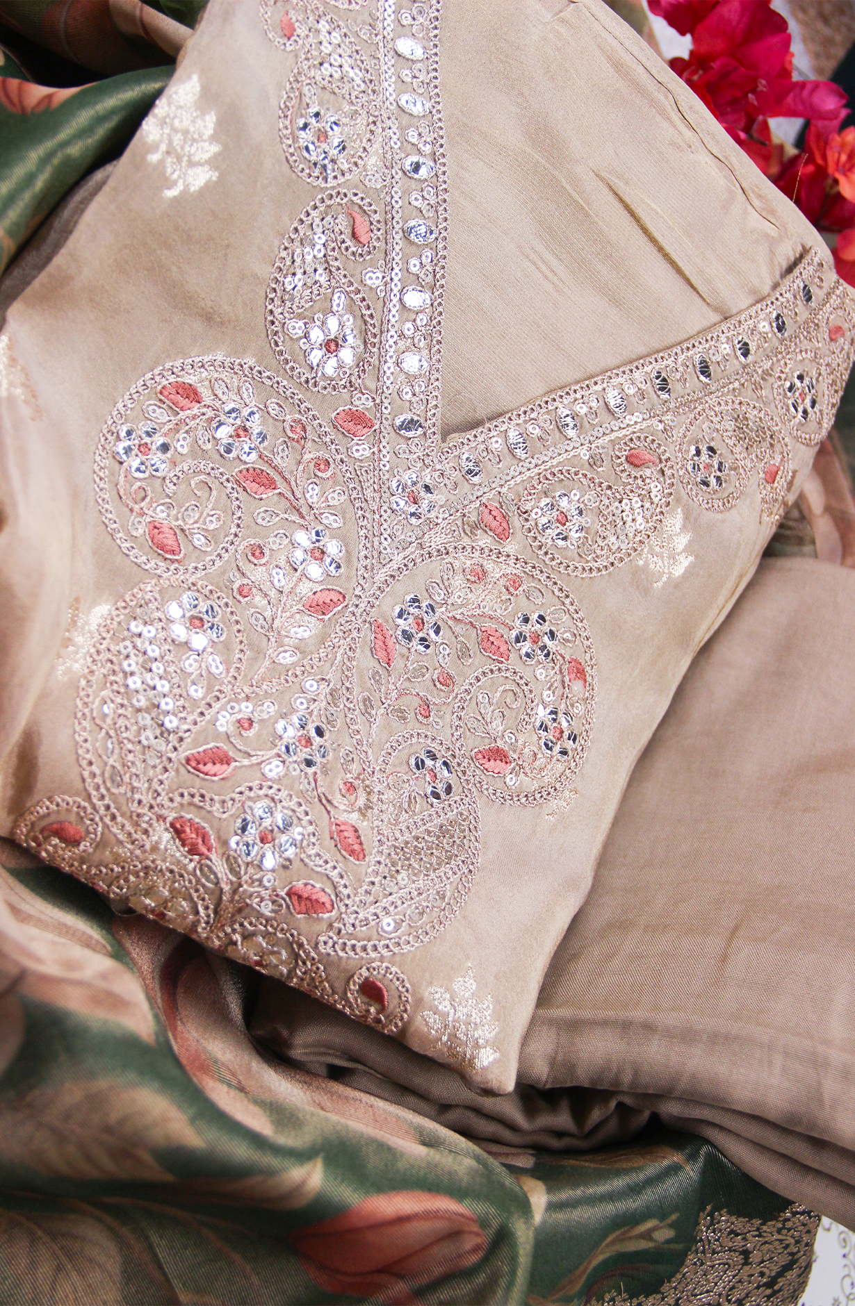 Beige Silk Zari and Gota Patti work Suit Set with Dupatta- 131-MT1591