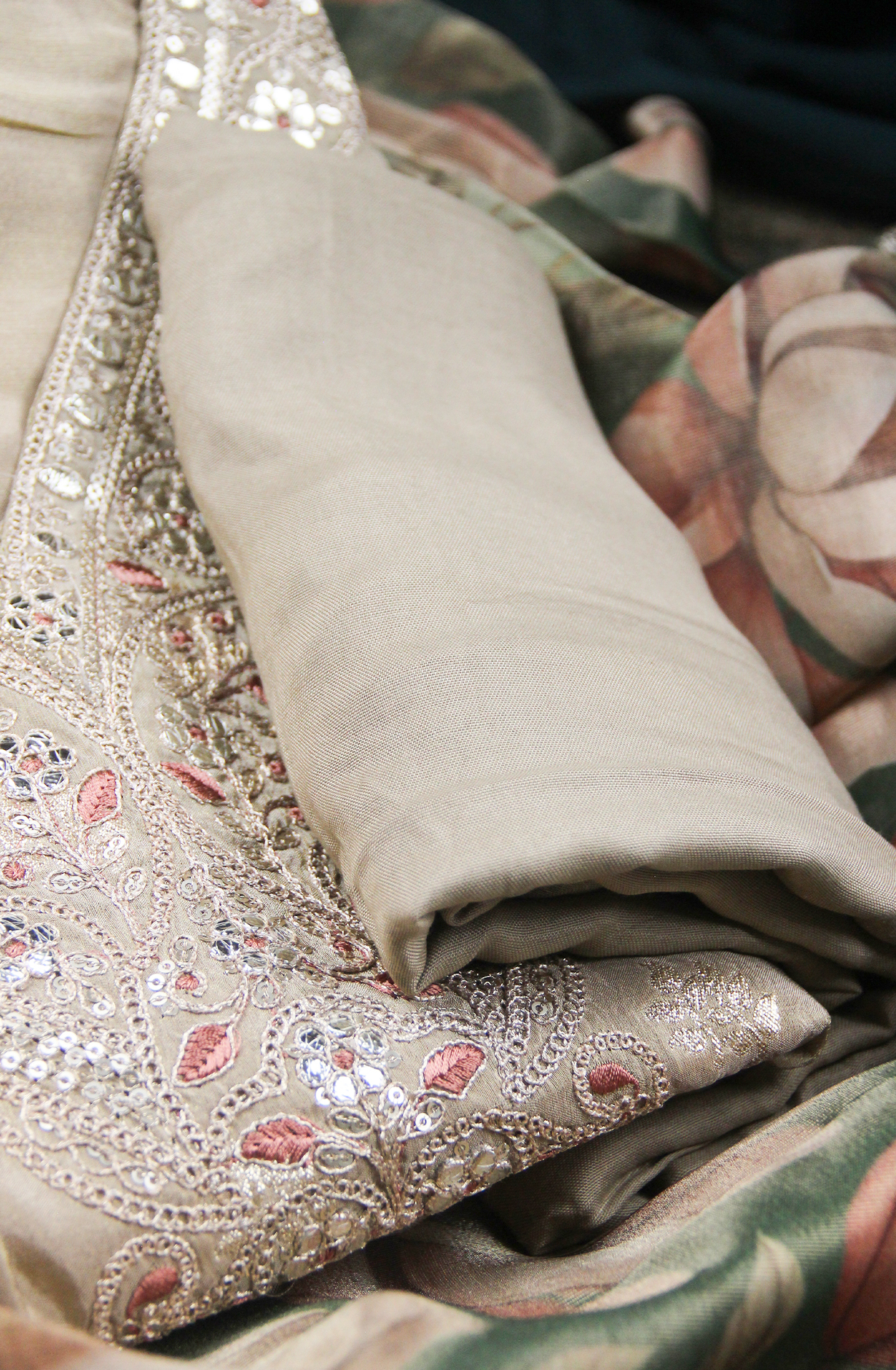 Beige Silk Zari and Gota Patti work Suit Set with Dupatta- 131-MT1591