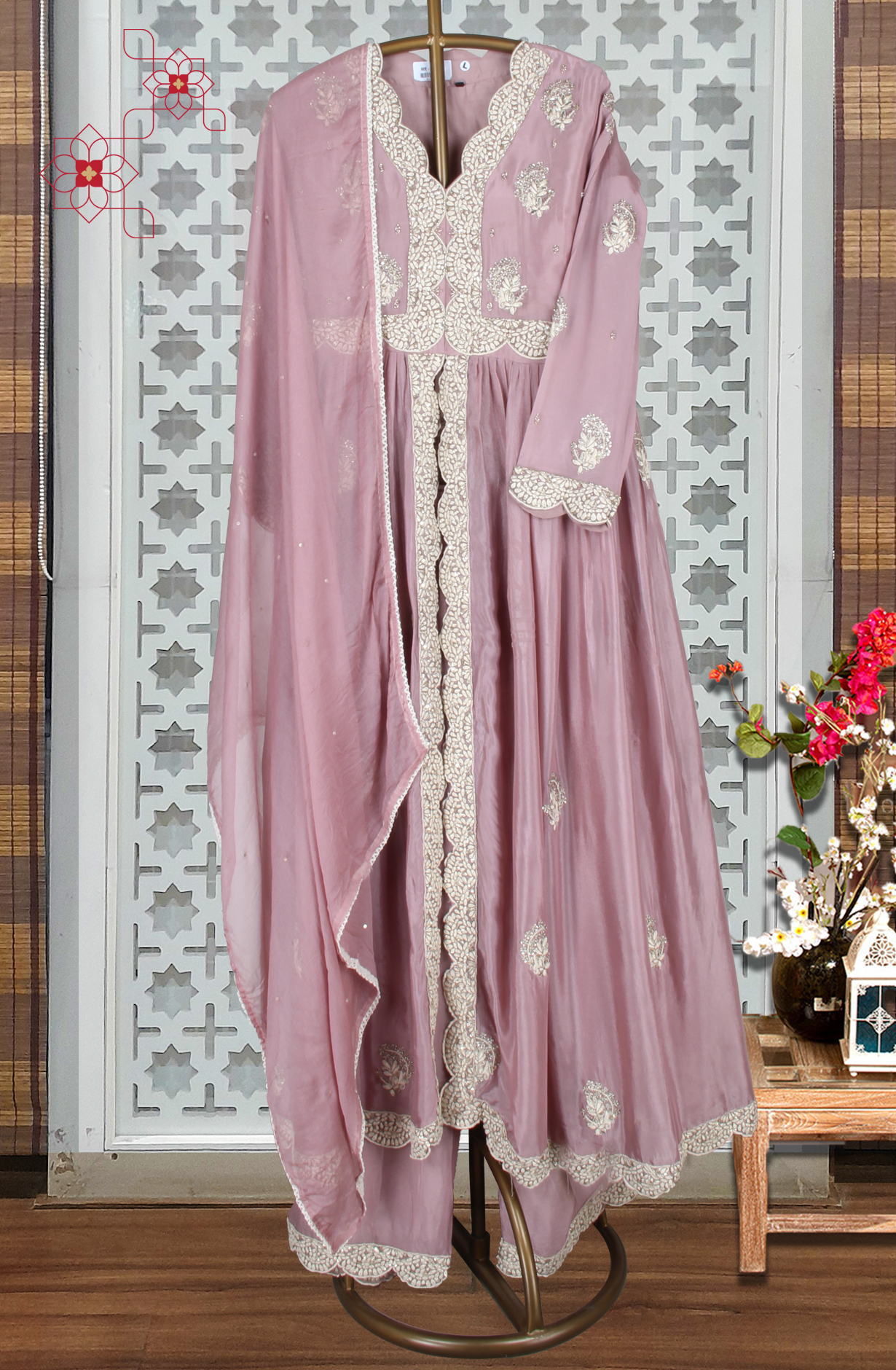 Mauve Ready-to-Wear Chinon Zari Cutdana A-line Palazzo Suit with Chiffon Dupatta - 131-MT1990
