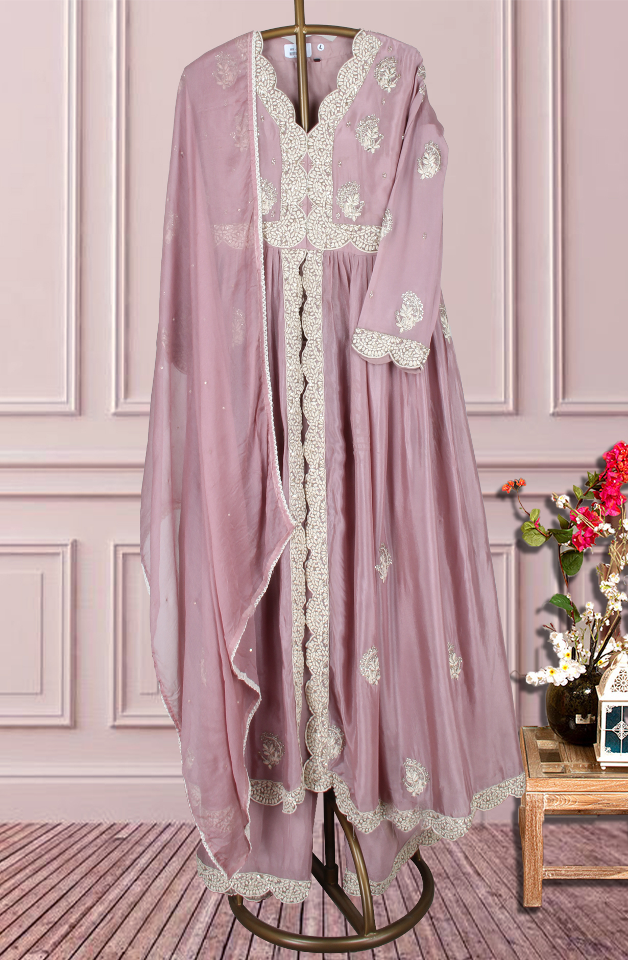 Mauve Ready-to-Wear Chinon Zari Cutdana A-line Palazzo Suit with Chiffon Dupatta - 131-MT1990