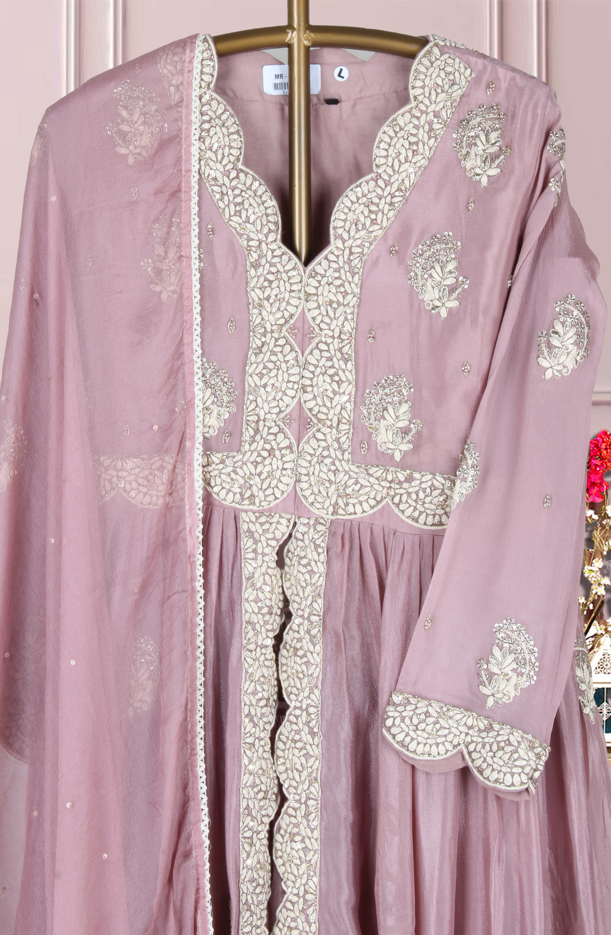 Mauve Ready-to-Wear Chinon Zari Cutdana A-line Palazzo Suit with Chiffon Dupatta - 131-MT1990