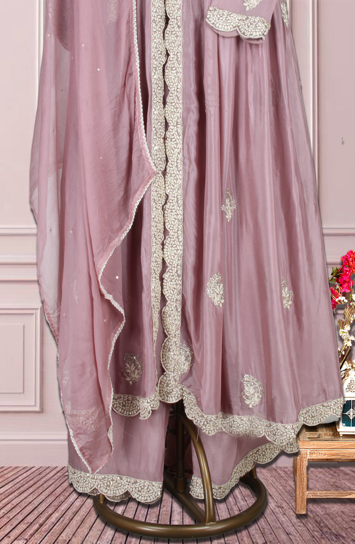 Mauve Ready-to-Wear Chinon Zari Cutdana A-line Palazzo Suit with Chiffon Dupatta - 131-MT1990