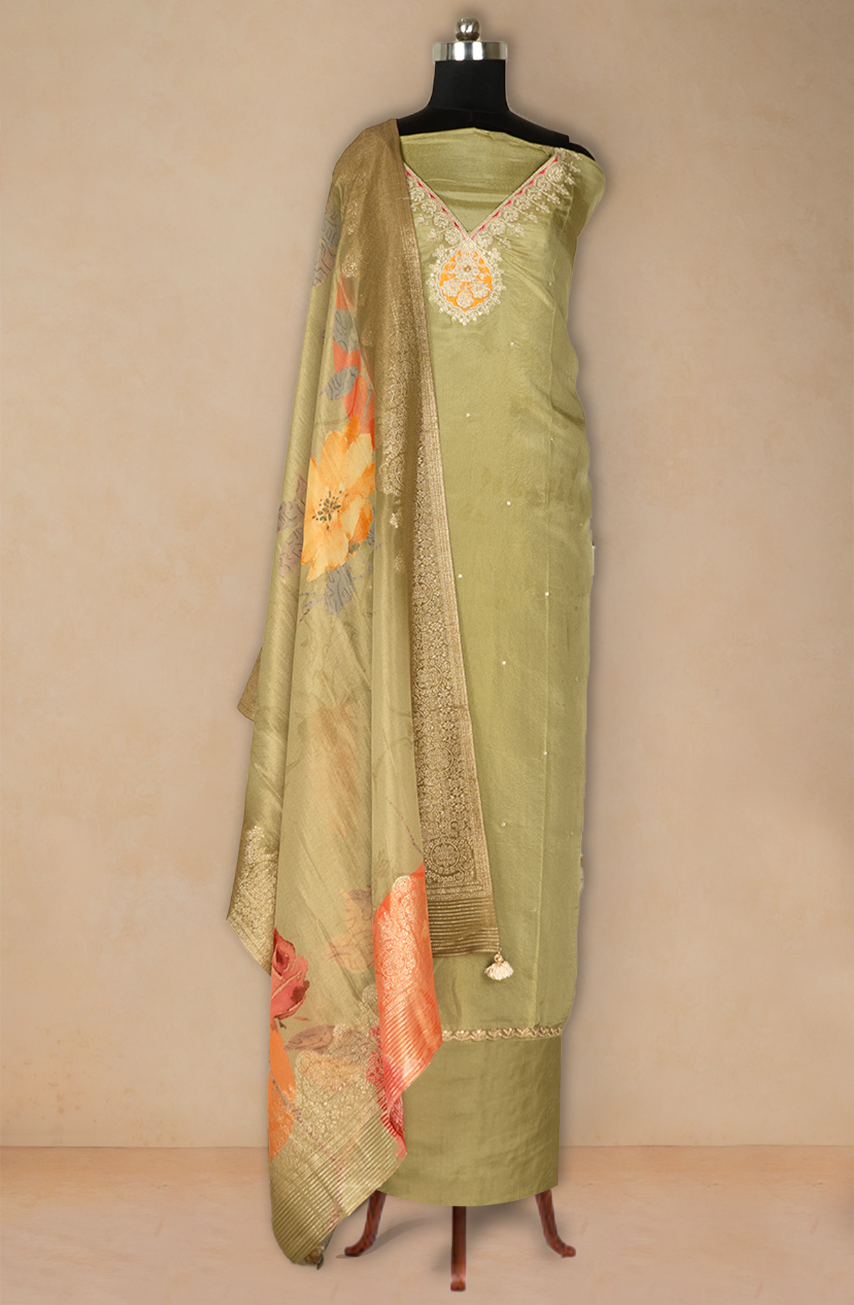 Green Shimmer Printed Suit with Dupatta - 131-MT2490