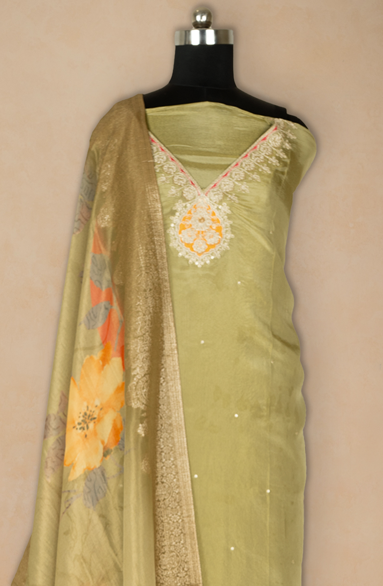 Green  Shimmer Printed Suit with Dupatta - 131-MT2490