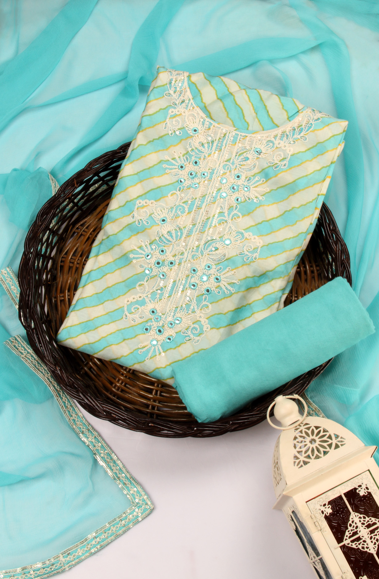 Turquoise Muslin Beautiful Semi-stitched Salwar Suit with Chiffon Dupatta - 131-MT8042A