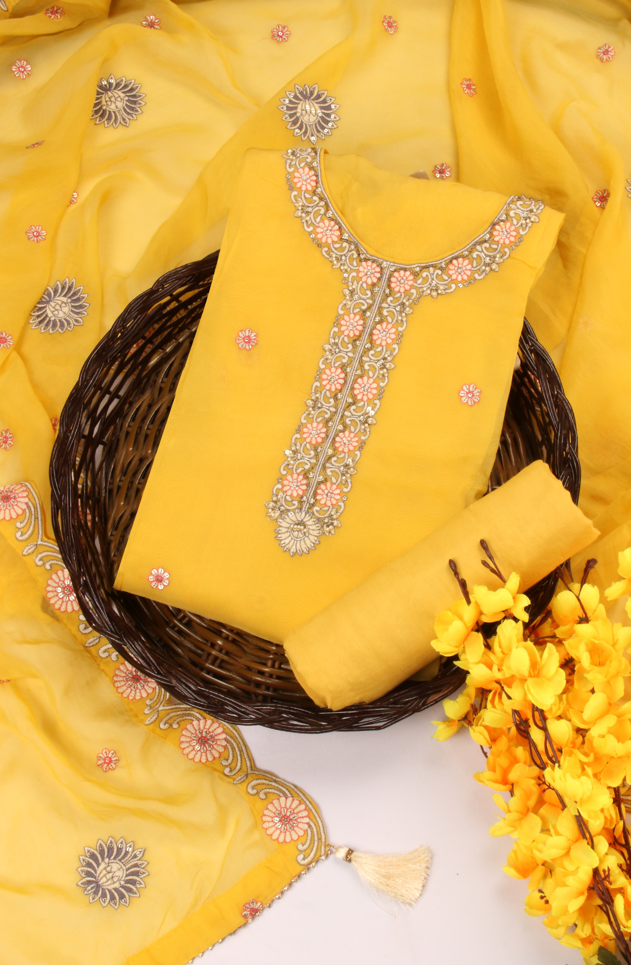 Yellow Organza Beautiful Semi Stitched Salwar Kameez with Dupatta - 131-MT8643