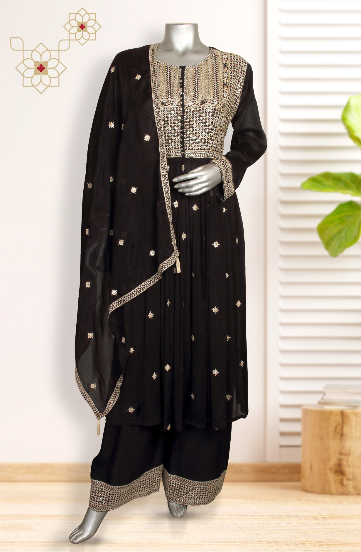 Black Crepe Designer Partywear Ready-to-Wear Palazzo Suit - 131-MT8709B