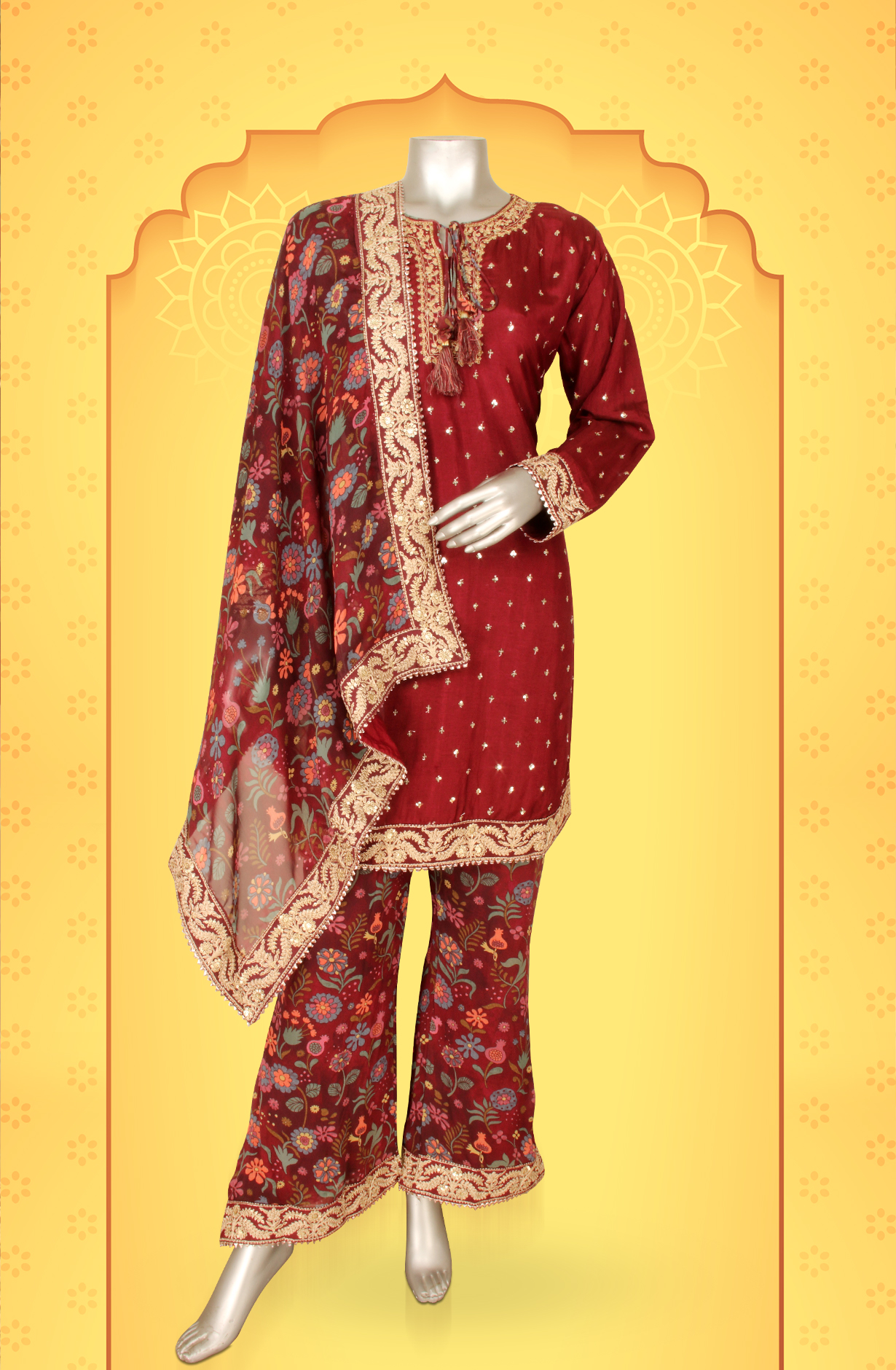 Maroon Beautiful Silk Partywear Stitched Pants Salwar Kameez - 131-MT9076