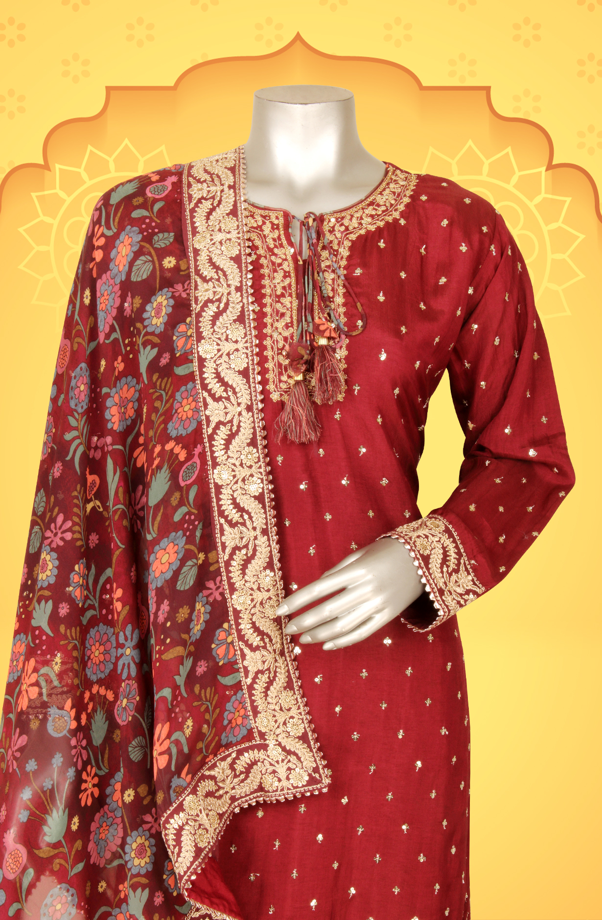 Maroon Beautiful Silk Partywear Stitched Pants Salwar Kameez - 131-MT9076