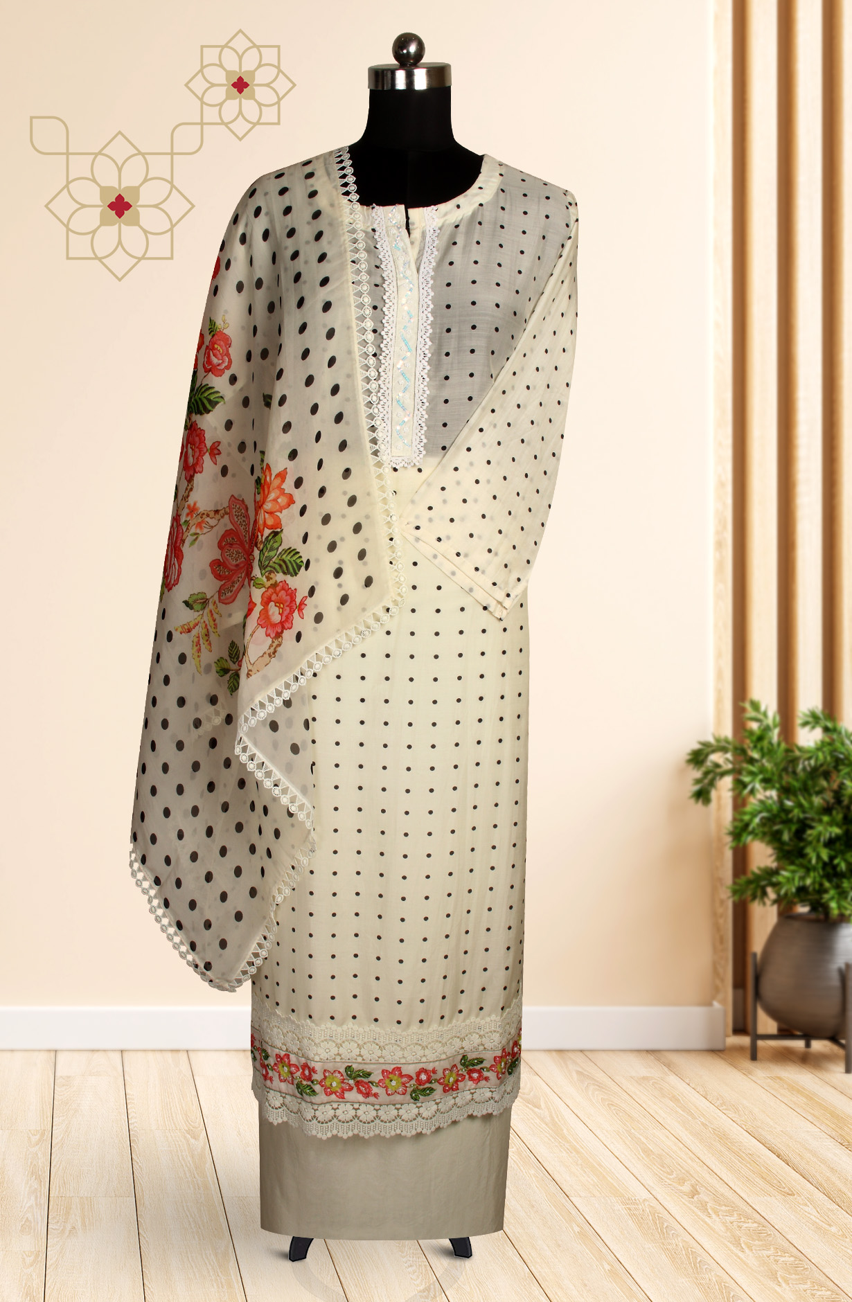 Semi-stitched Cream Beautiful Lacework Muslin Salwar Suit with Organza Dupatta - 131-MT9202