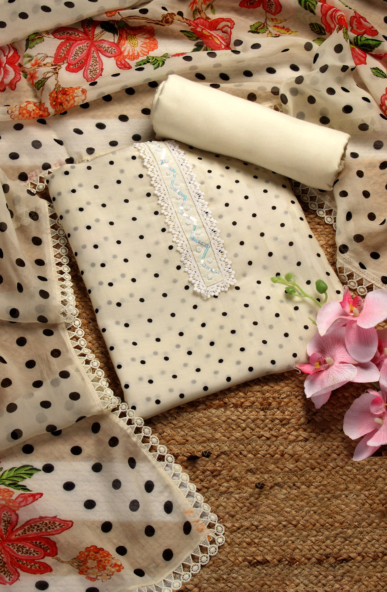 Semi-stitched Cream Beautiful Lacework Muslin Salwar Suit with Organza Dupatta - 131-MT9202