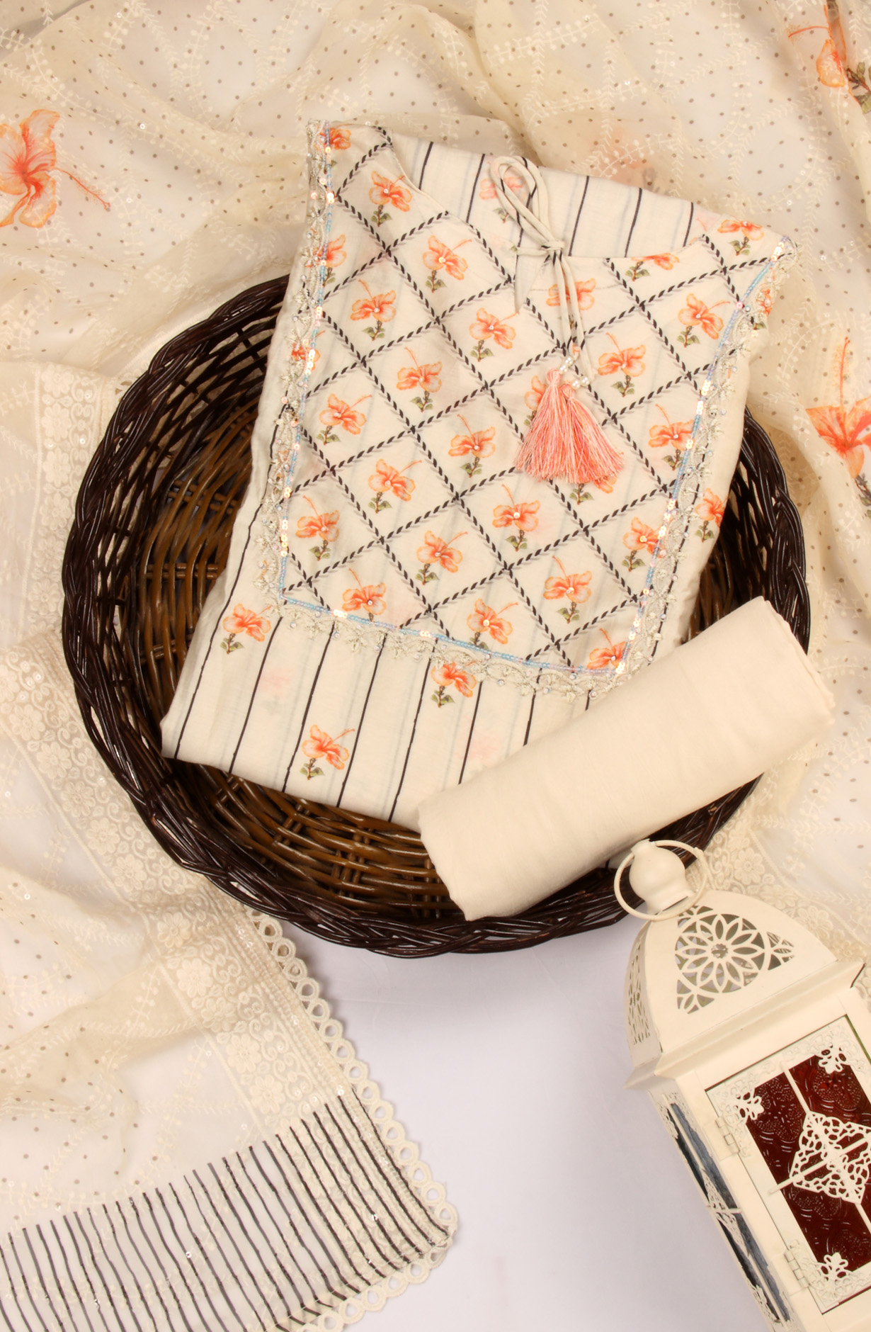 Cream Muslin Beautiful Salwar Kameez with Organza Dupatta - 131-MT9208