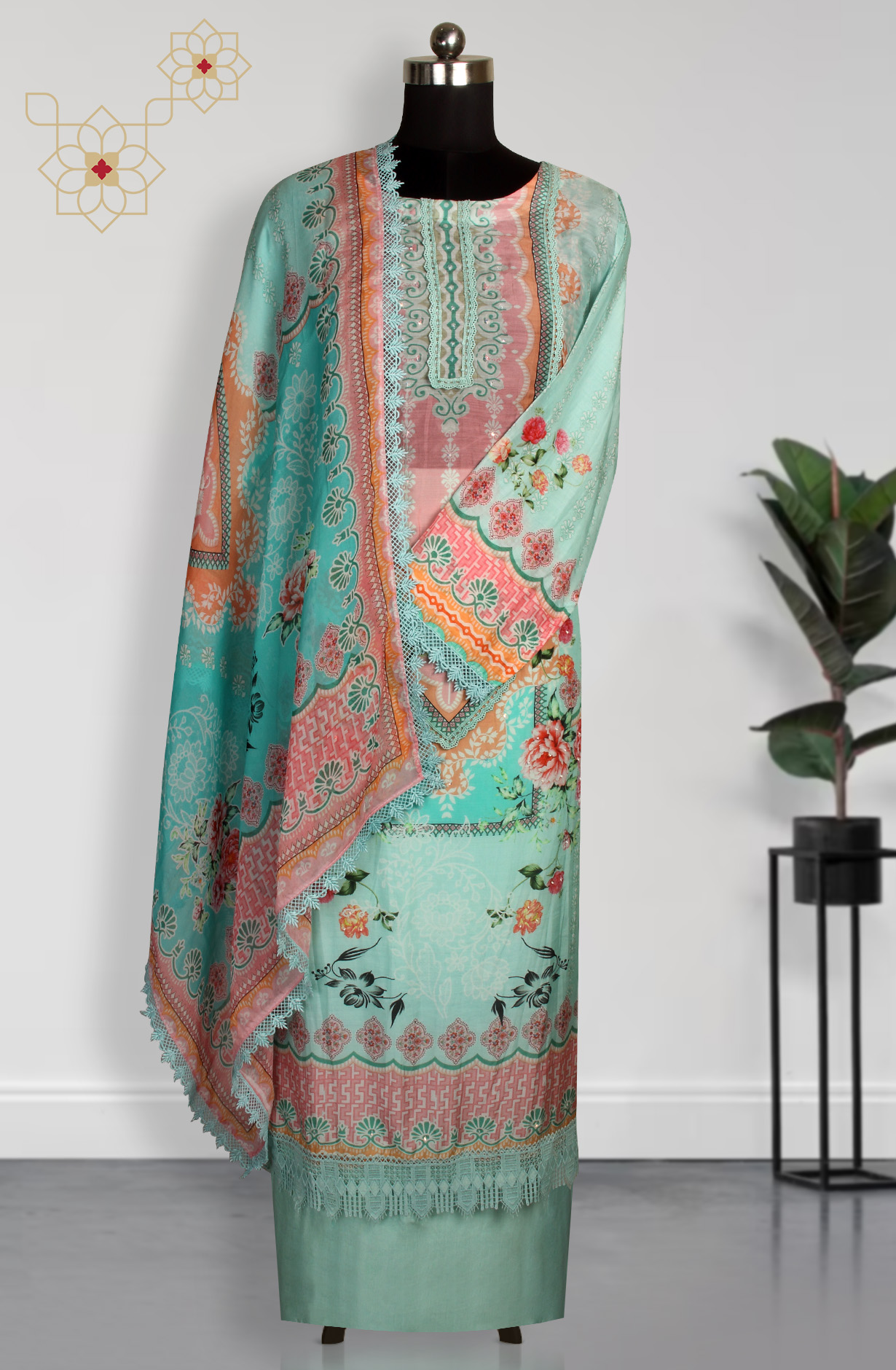 Semi-stitched Sea Green Beautiful Lacework Muslin Salwar Suit with Organza Dupatta - 131-MT9655