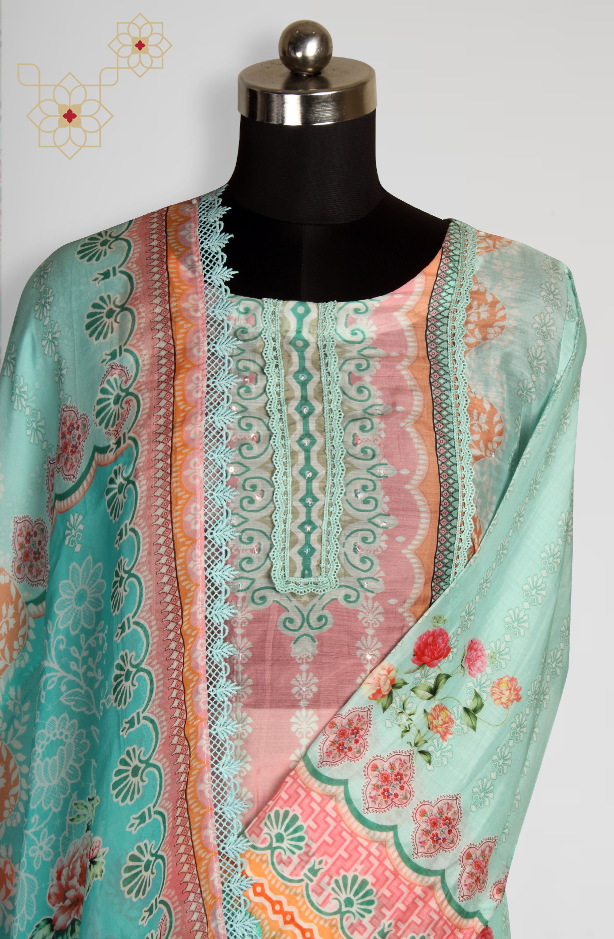 Semi-stitched Sea Green Beautiful Lacework Muslin Salwar Suit with Organza Dupatta - 131-MT9655