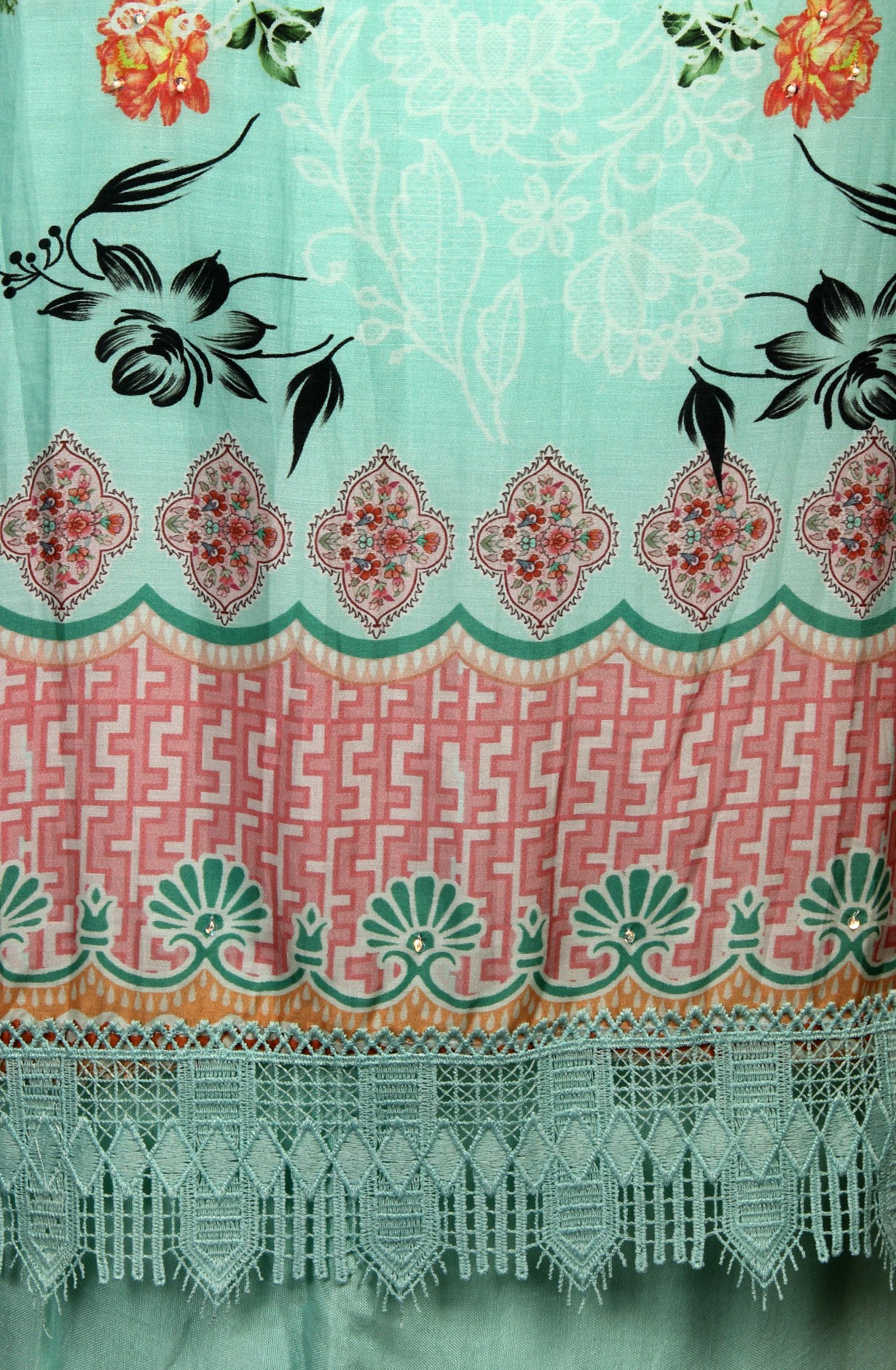 Semi-stitched Sea Green Beautiful Lacework Muslin Salwar Suit with Organza Dupatta - 131-MT9655