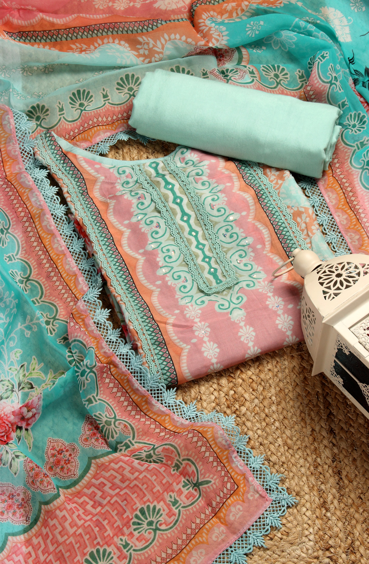 Semi-stitched Sea Green Beautiful Lacework Muslin Salwar Suit with Organza Dupatta - 131-MT9655