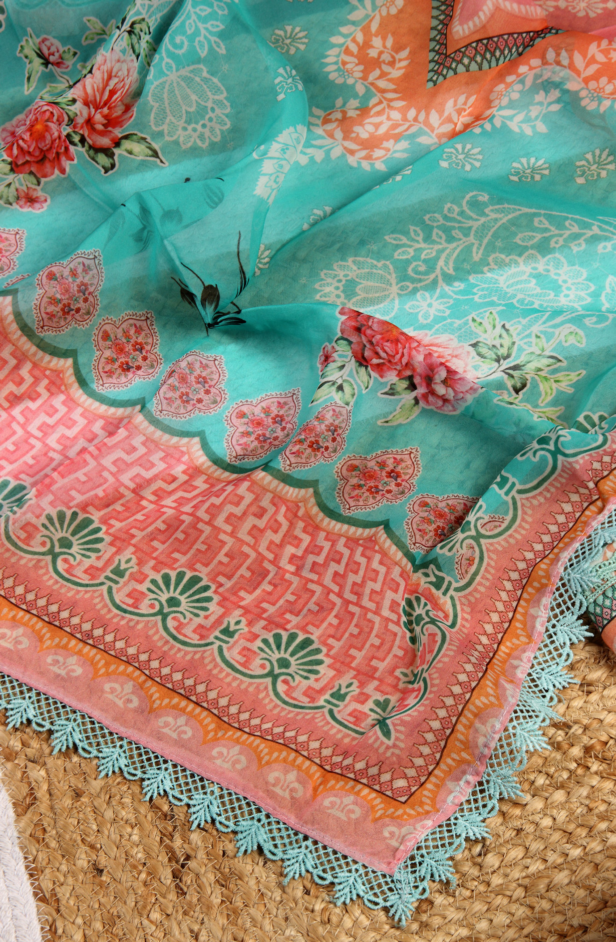 Semi-stitched Sea Green Beautiful Lacework Muslin Salwar Suit with Organza Dupatta - 131-MT9655