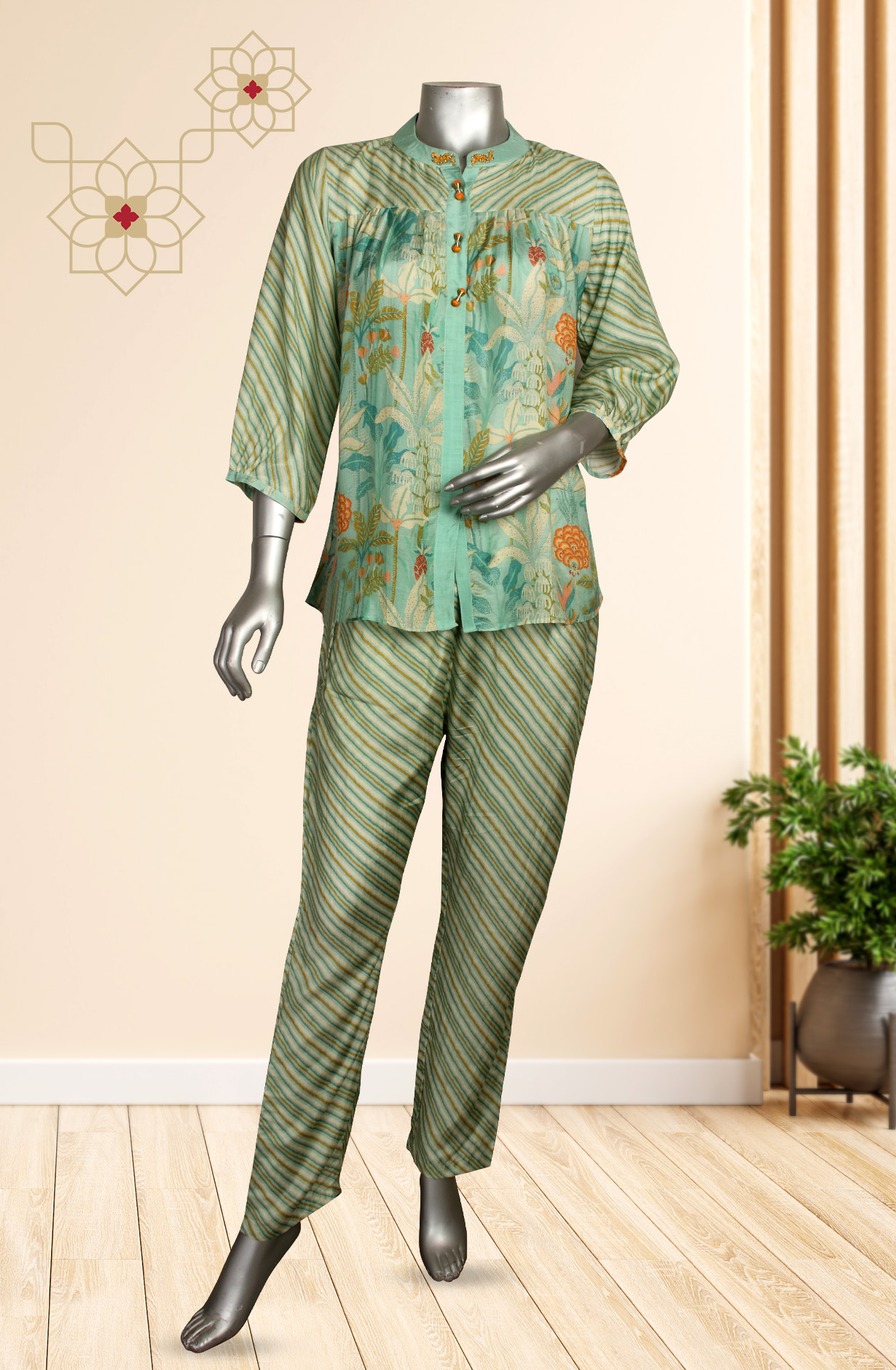 Women Green Printed A-Line Modal Top with Pants Co-Ords - 131-MTKT1827