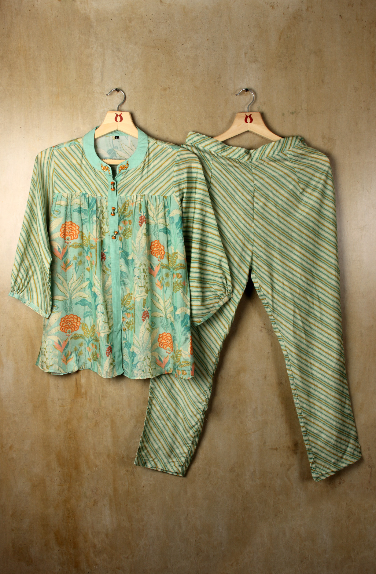 Women Green Printed A-Line Modal Top with Pants Co-Ords - 131-MTKT1827