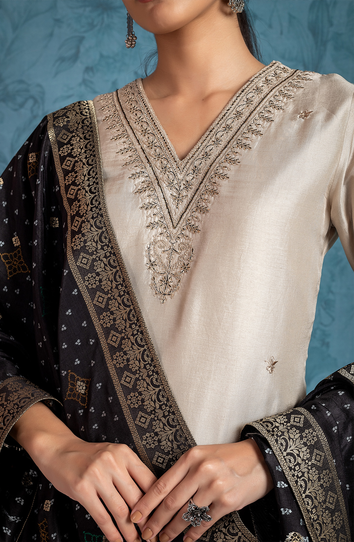 Cream Silk Unstitched Partywear Designer Salwar Kameez - 131-NAR2720