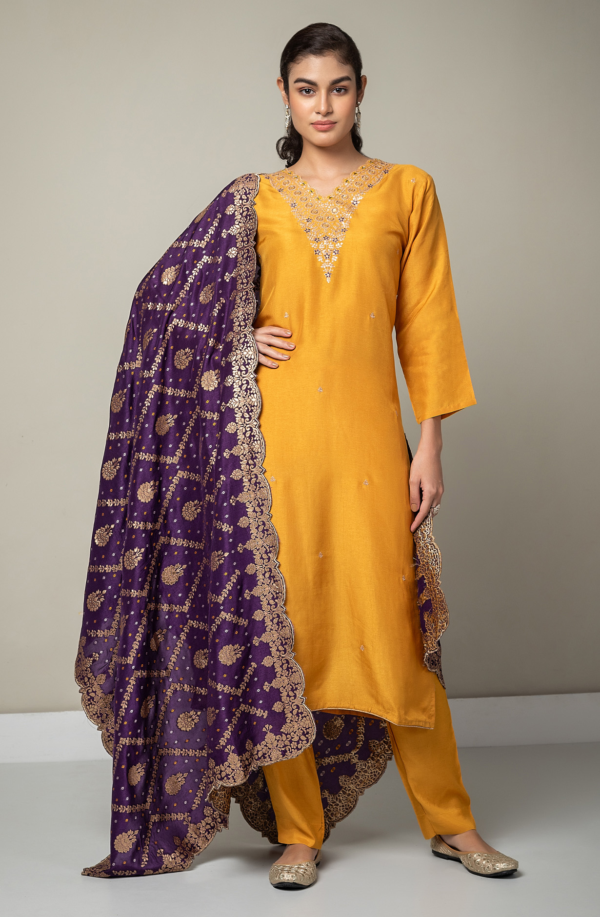 Mustard Yellow Silk Unstitched Partywear Designer Salwar Kameez - 131-NAR2723