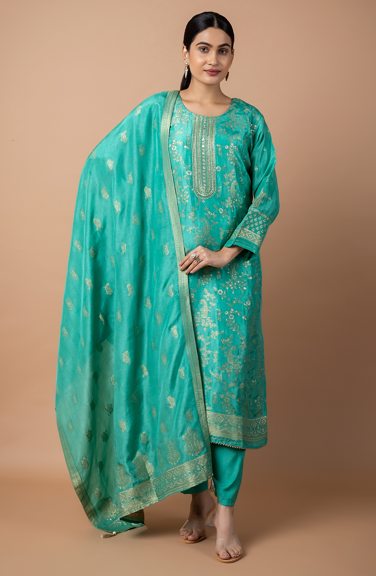 Green Silk Unstitched Partywear Designer Salwar Kameez - 131-NAR2748A