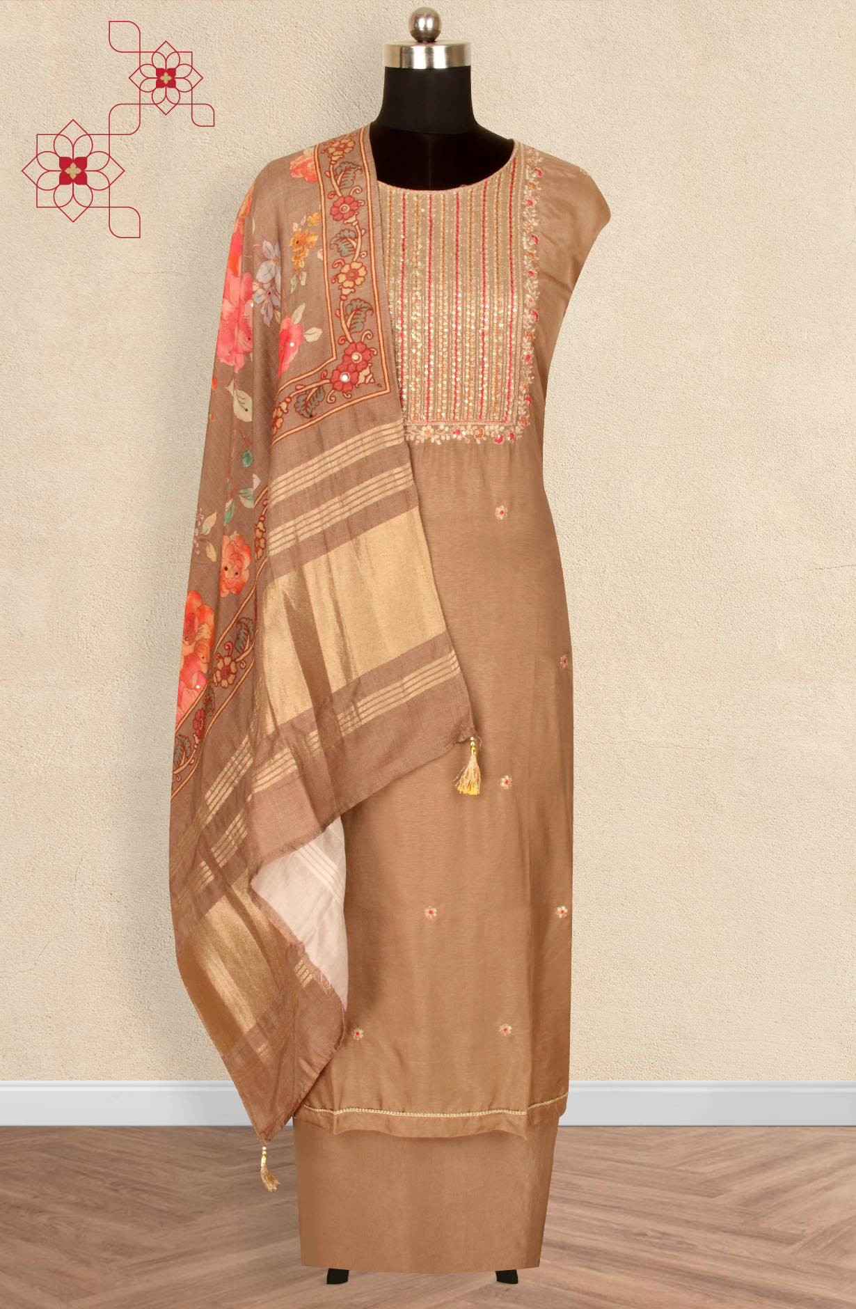 Beige Silk Unstitched Partywear Designer Salwar Kameez - 131-NAR2751