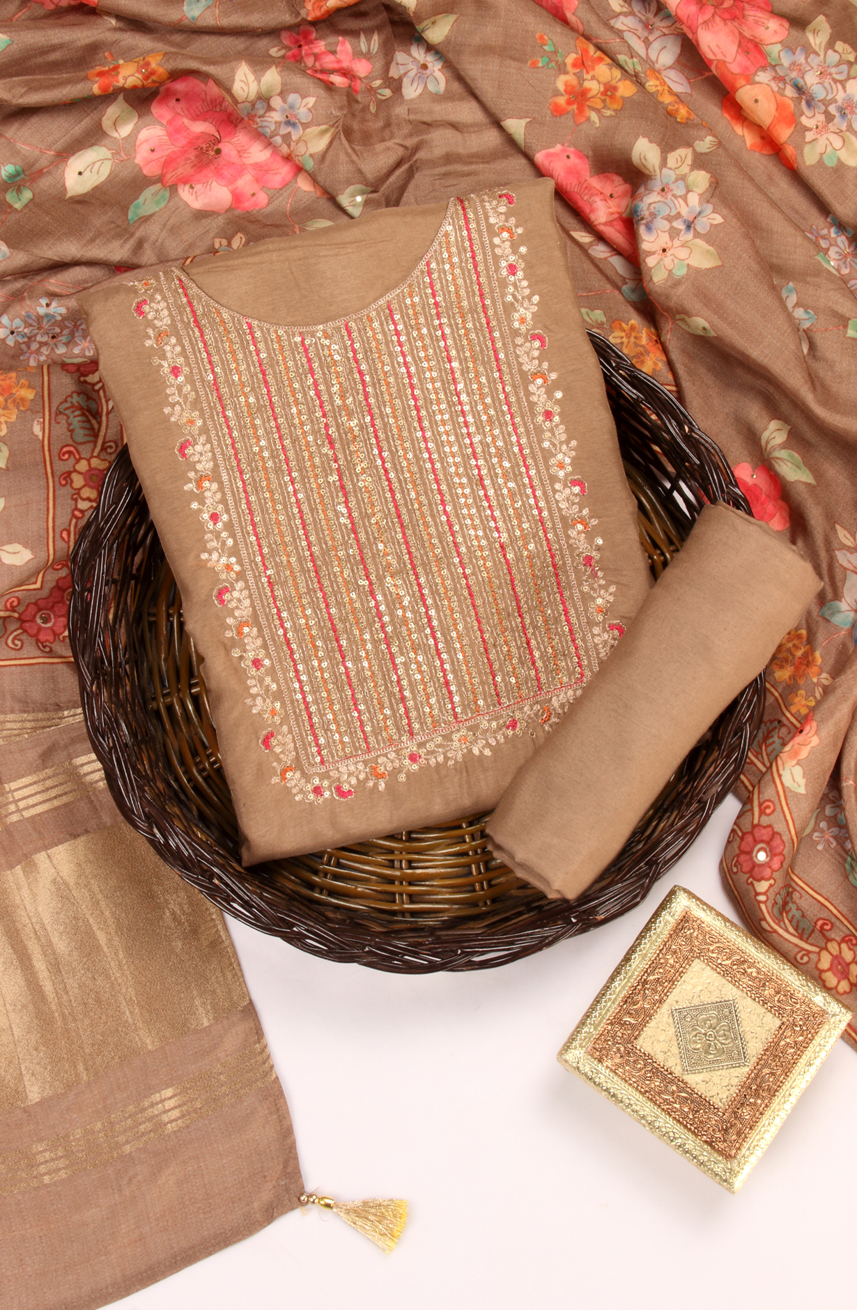 Beige Silk Unstitched Partywear Designer Salwar Kameez - 131-NAR2751