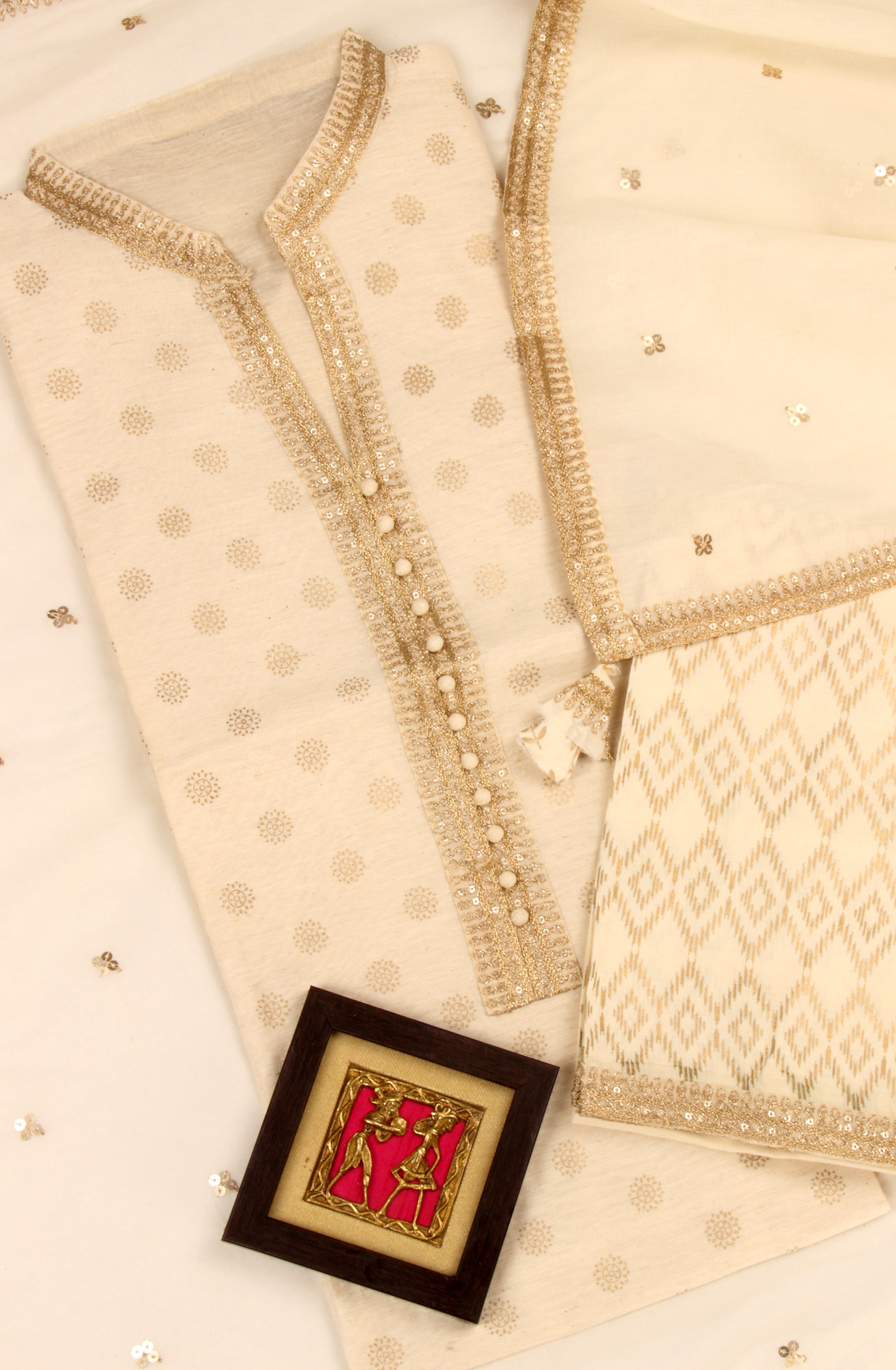 Cream Chanderi Cotton Beautiful Semi Stitched Salwar Kameez with Dupatta - 131-NF4242B