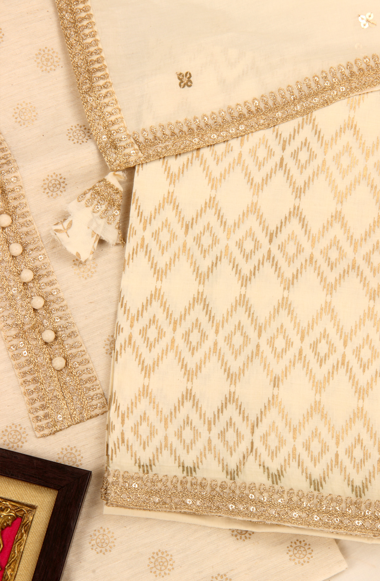 Cream Chanderi Cotton Beautiful Semi Stitched Salwar Kameez with Dupatta - 131-NF4242B