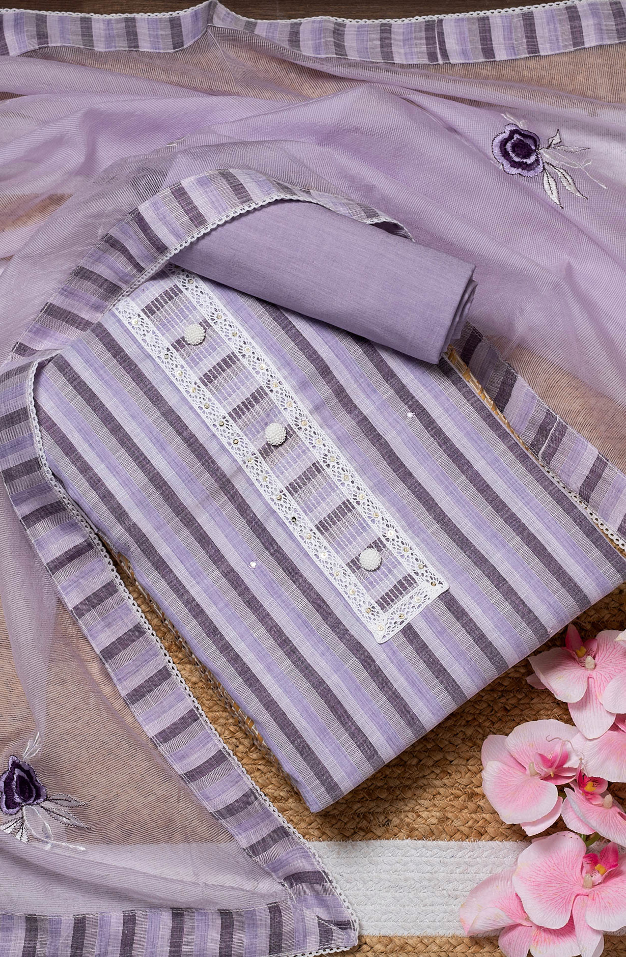 Lavender Cotton Lace Work Salwar Suit with Kota Dupatta - 131-NV3660