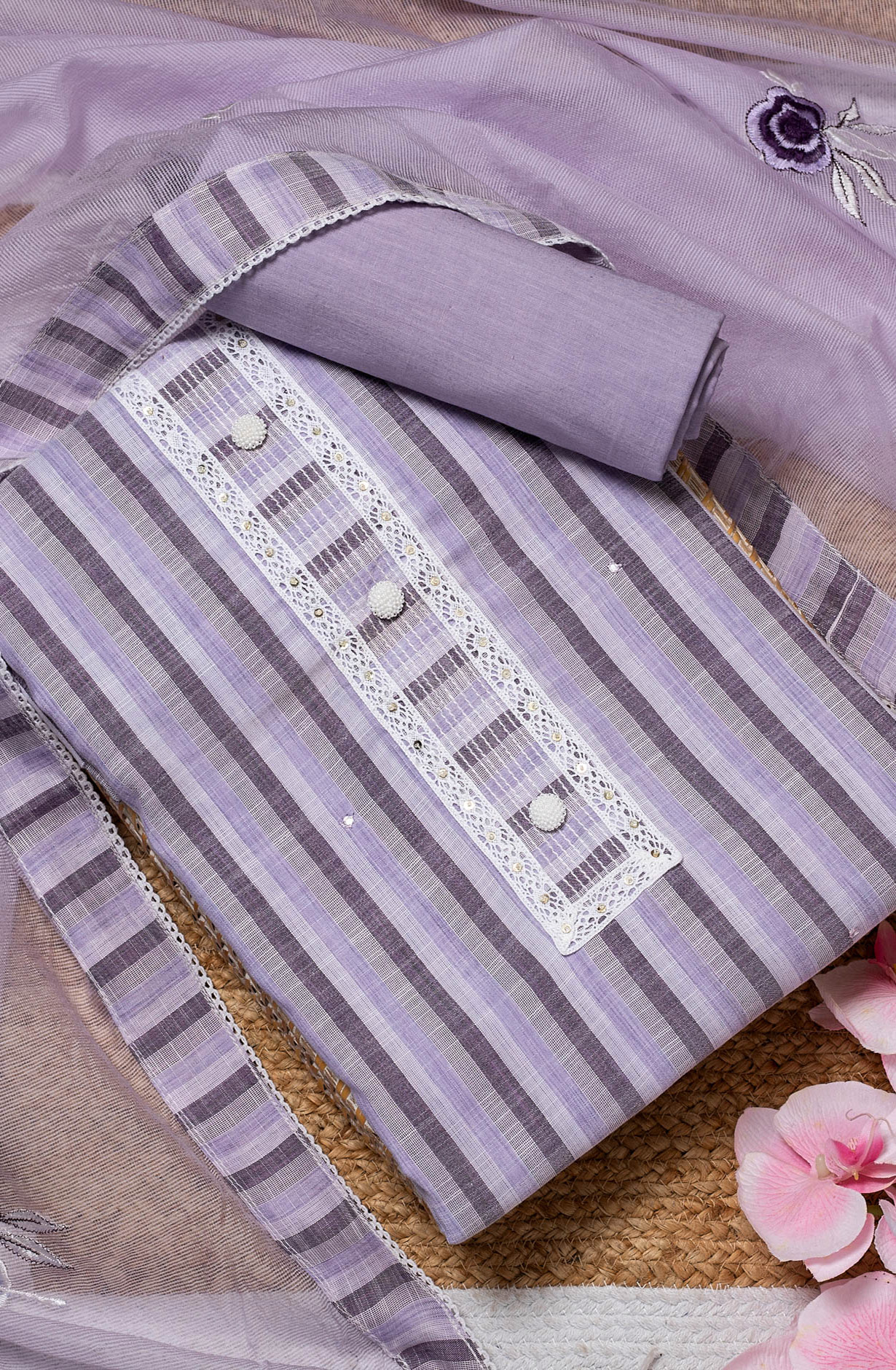 Lavender Cotton Lace Work Salwar Suit with Kota Dupatta - 131-NV3660