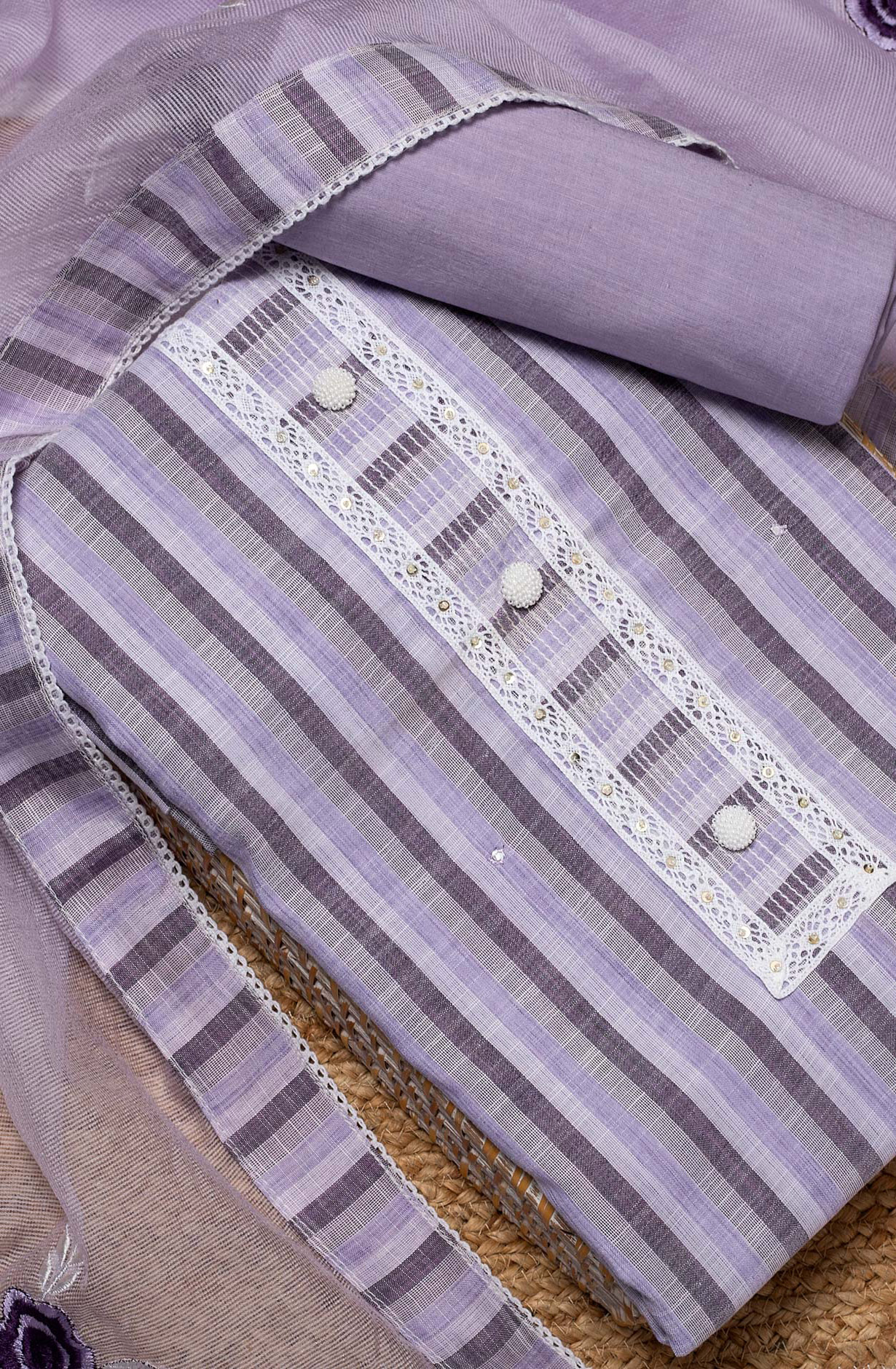Lavender Cotton Lace Work Salwar Suit with Kota Dupatta - 131-NV3660