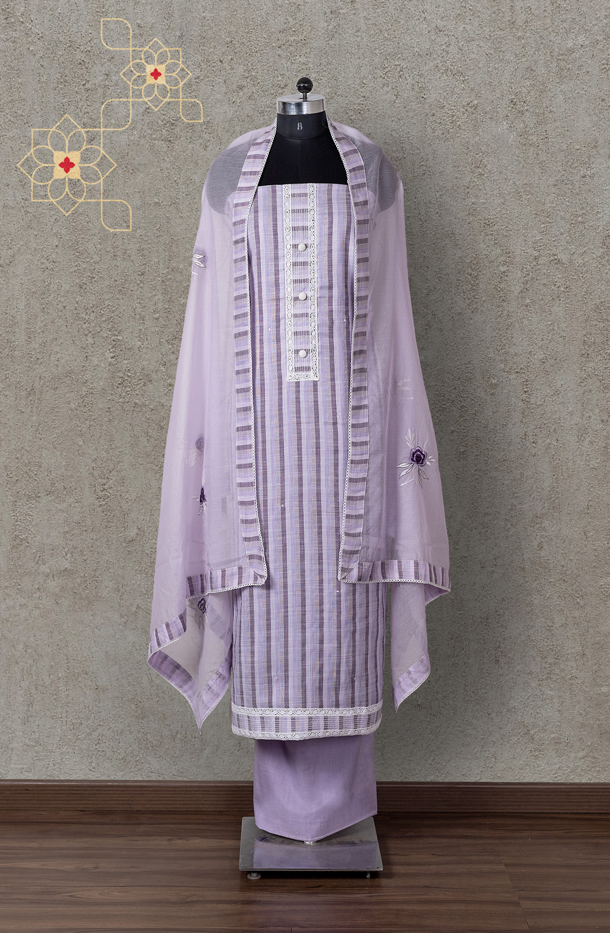 Lavender Cotton Lace Work Salwar Suit with Kota Dupatta - 131-NV3660