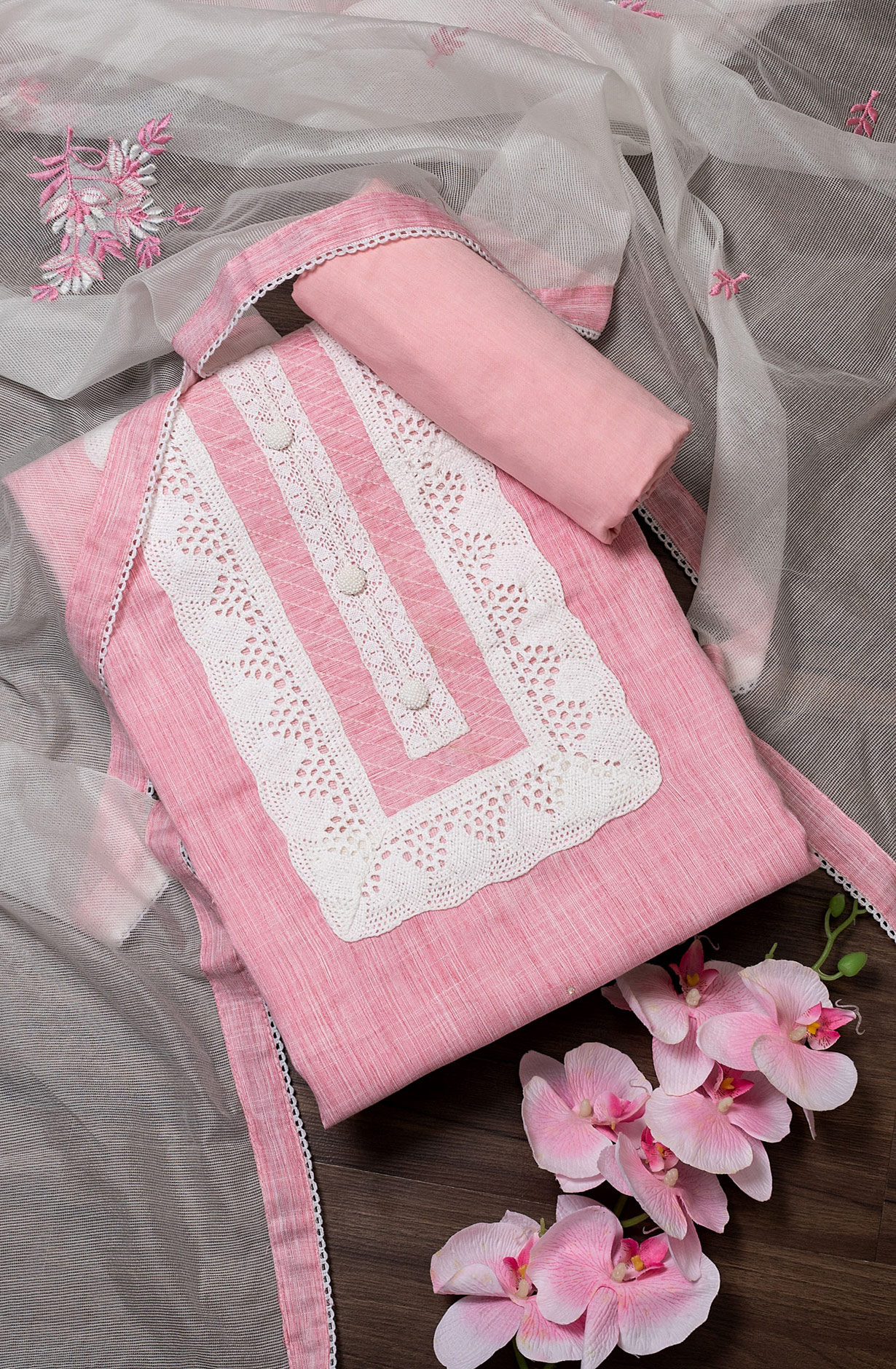 Pink Cotton Lace Work Salwar Suit with Kota Dupatta - 131-NV3890