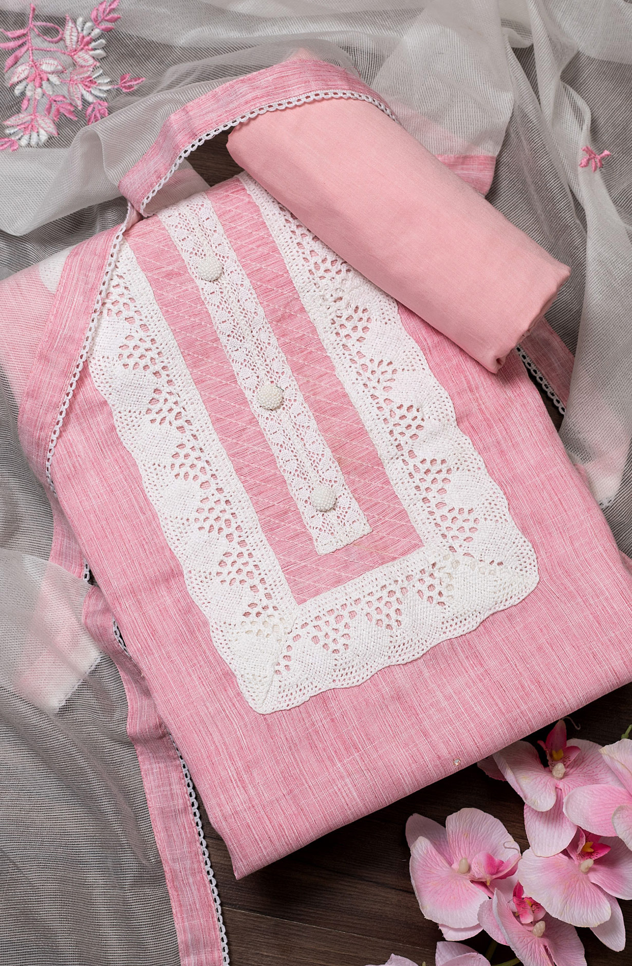 Pink Cotton Lace Work Salwar Suit with Kota Dupatta - 131-NV3890