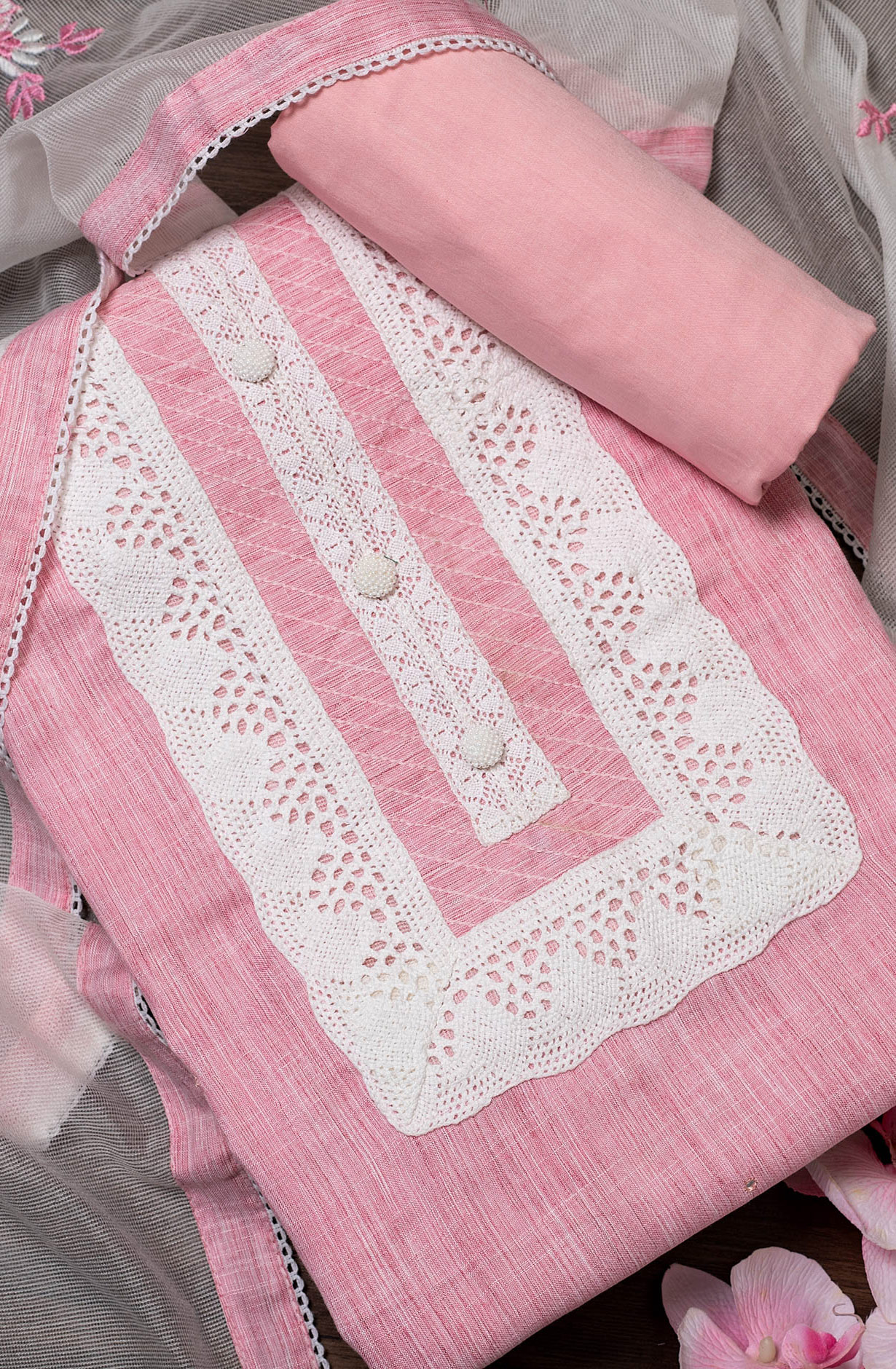 Pink Cotton Lace Work Salwar Suit with Kota Dupatta - 131-NV3890