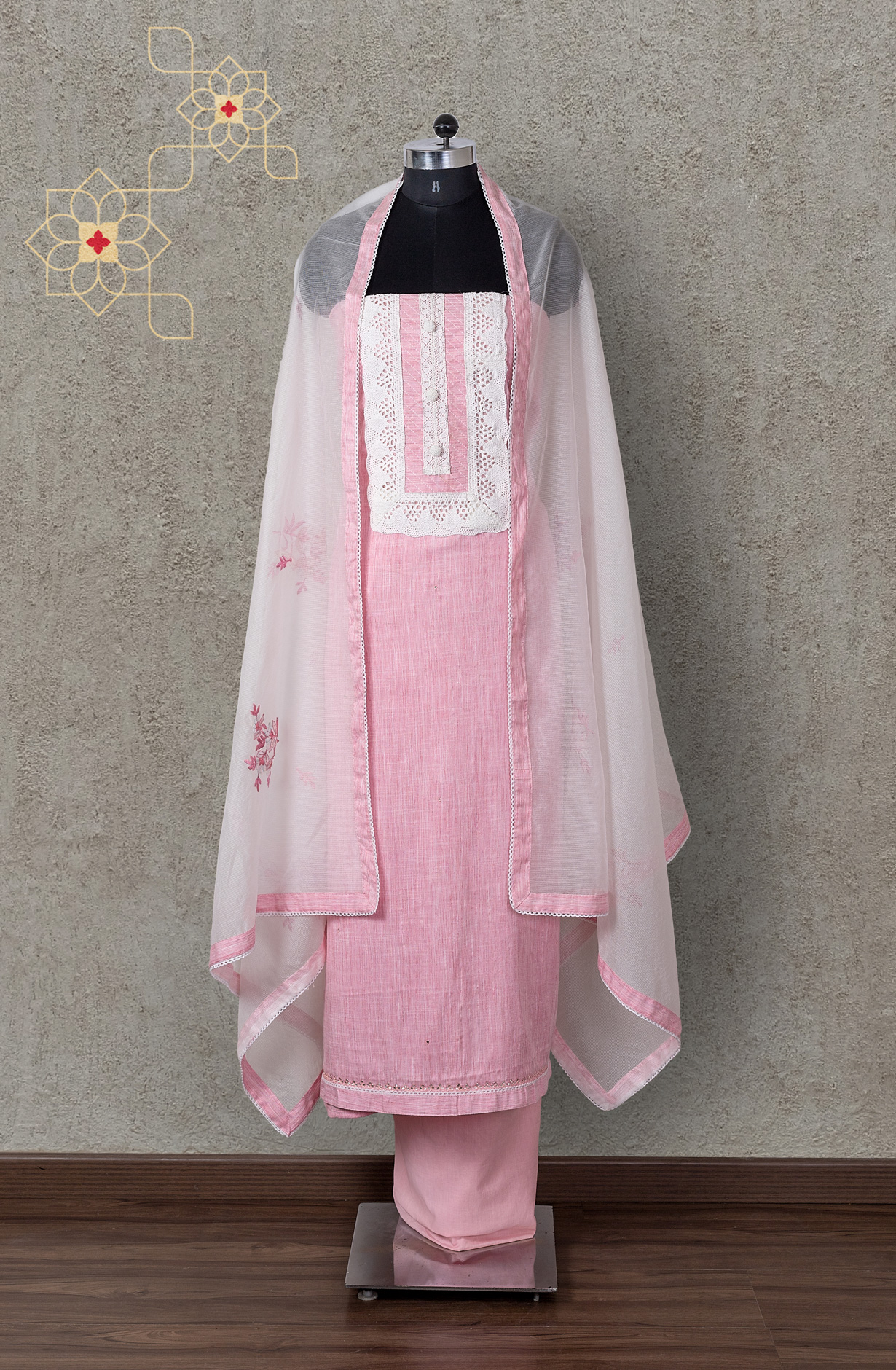 Pink Cotton Lace Work Salwar Suit with Kota Dupatta - 131-NV3890