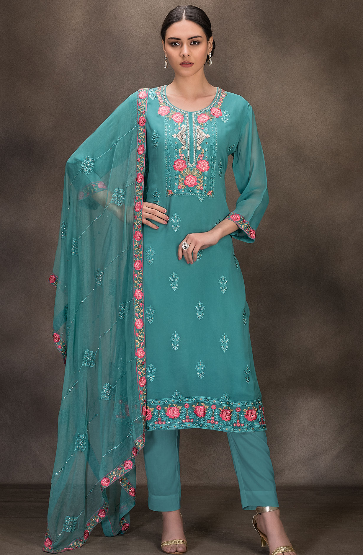 Firozi Georgette Embroidered Salwar Kameez with Chiffon Dupatta - 131-RC4060A